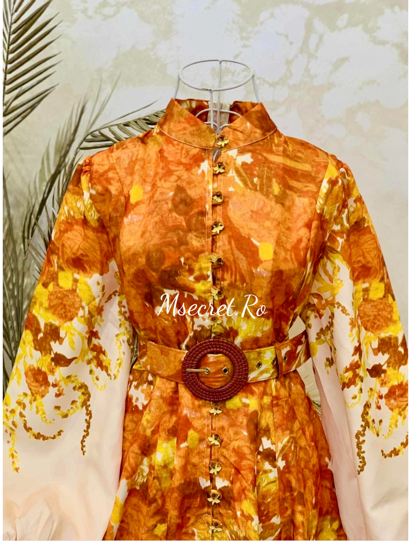 Rochie midi cu maneca lunga, imprimeu floral și nasturi decorativi