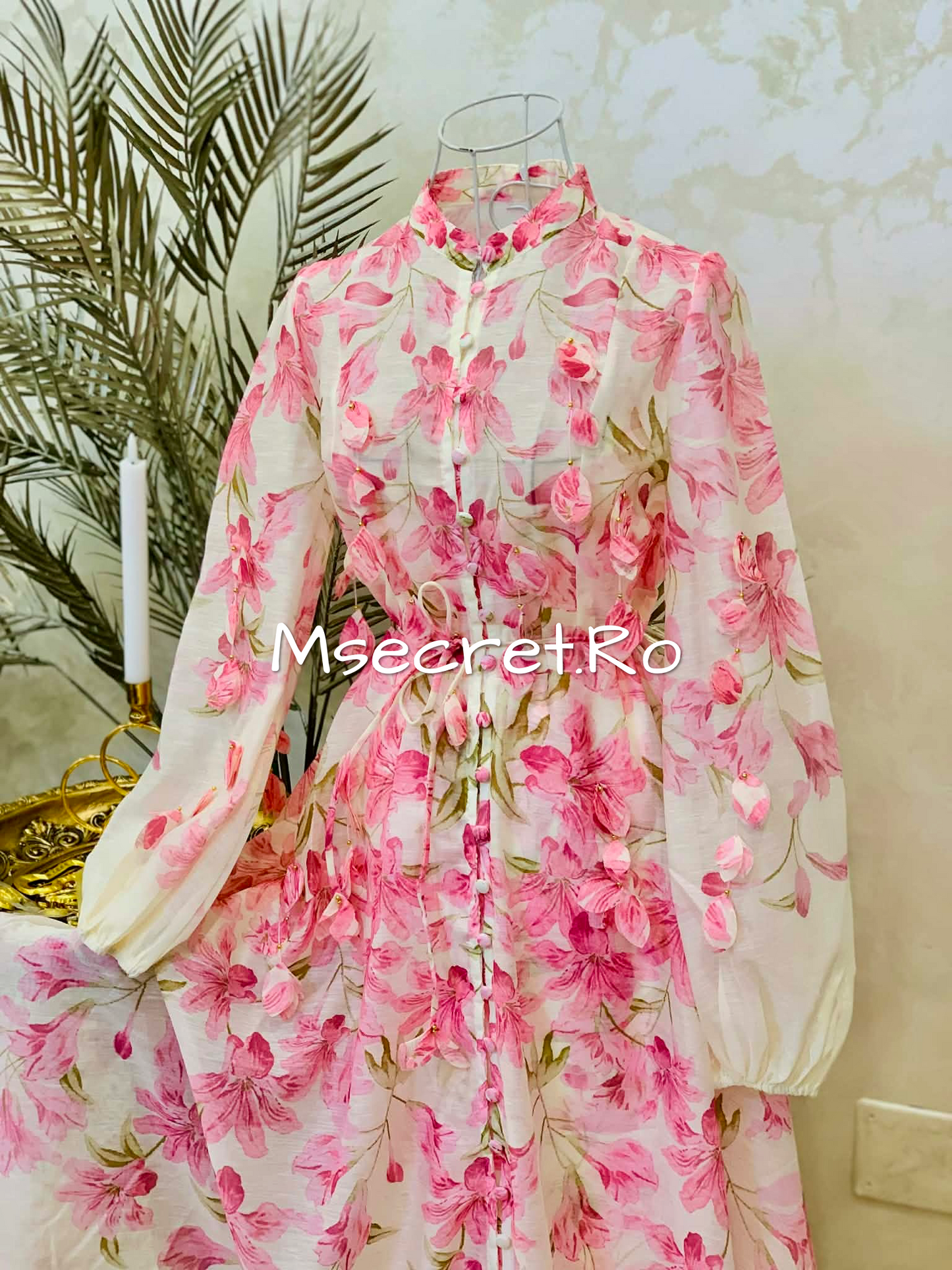 Pink long linen dress with floral print and 3D appliques