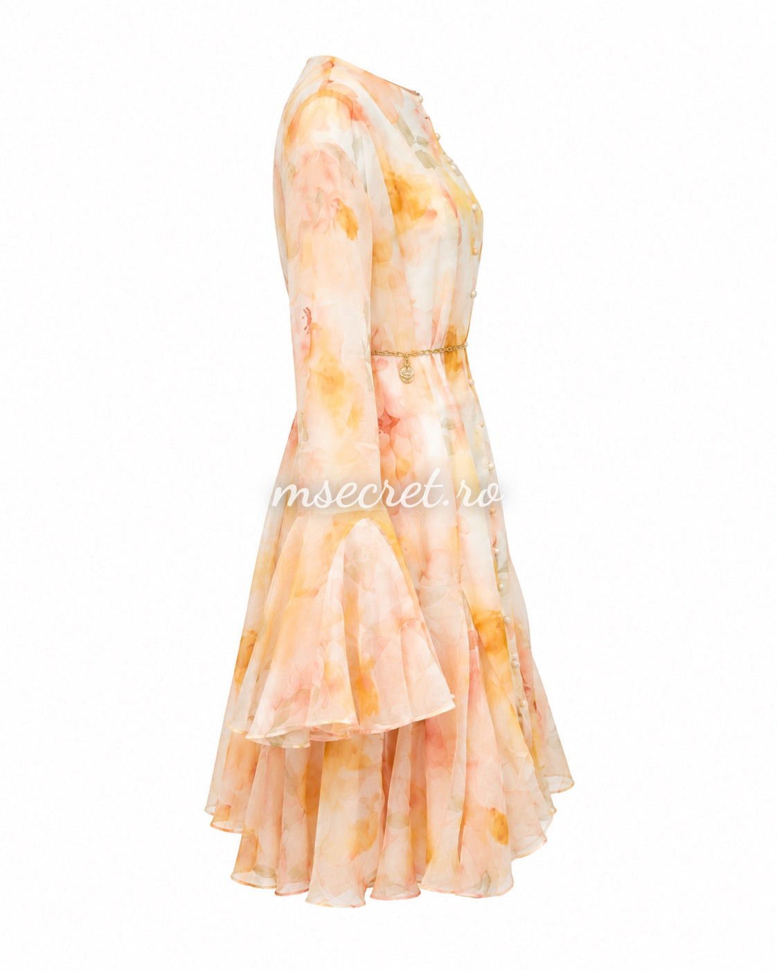 Rochie vaporoasa cu imprimeu floral pastel si lant decorativ auriu