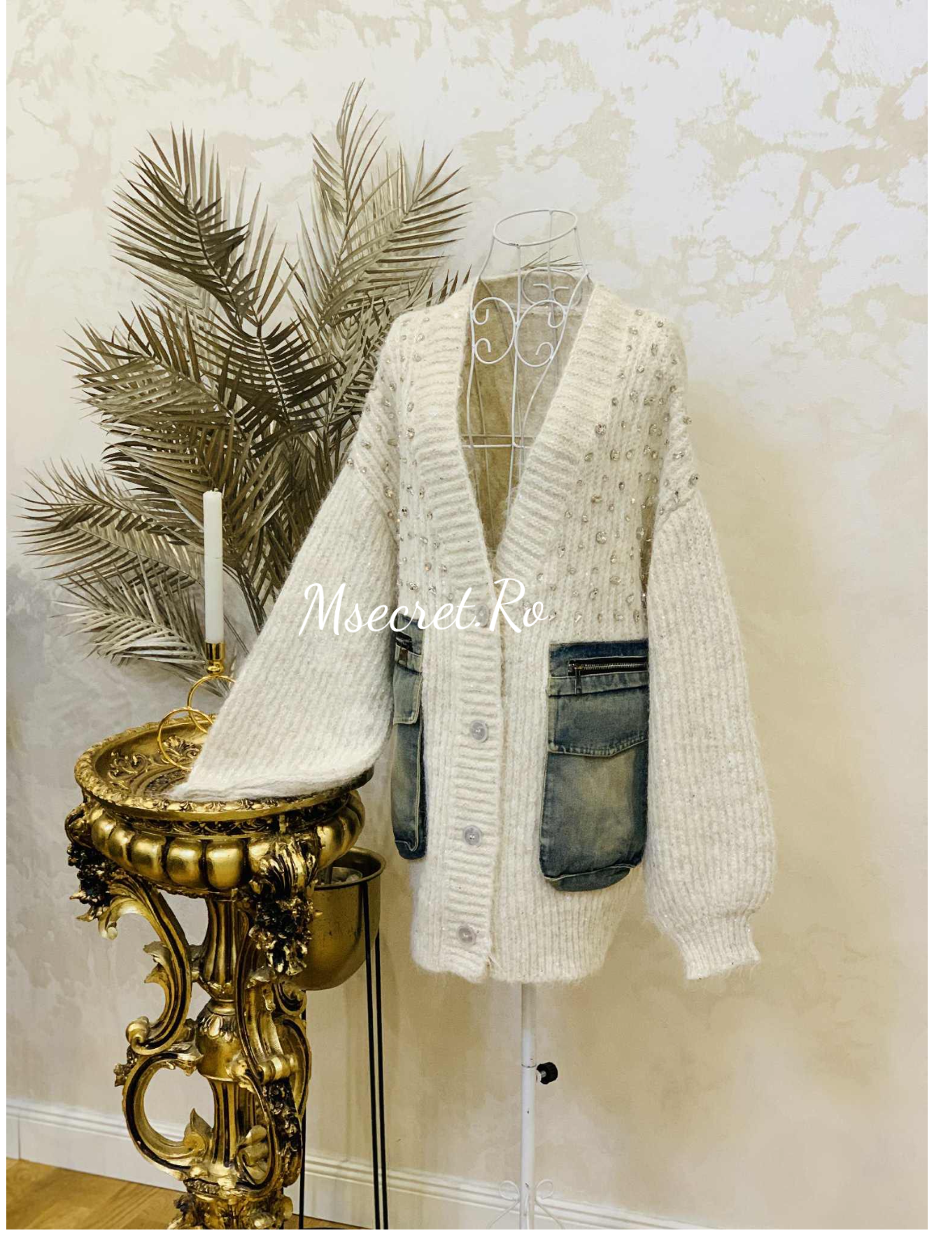 Cardigan din lana cu denim