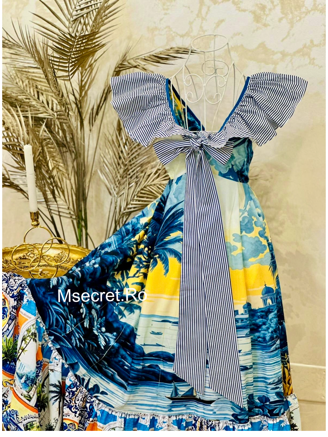Rochie maxi cu imprimeu marin și fundă supradimensionată