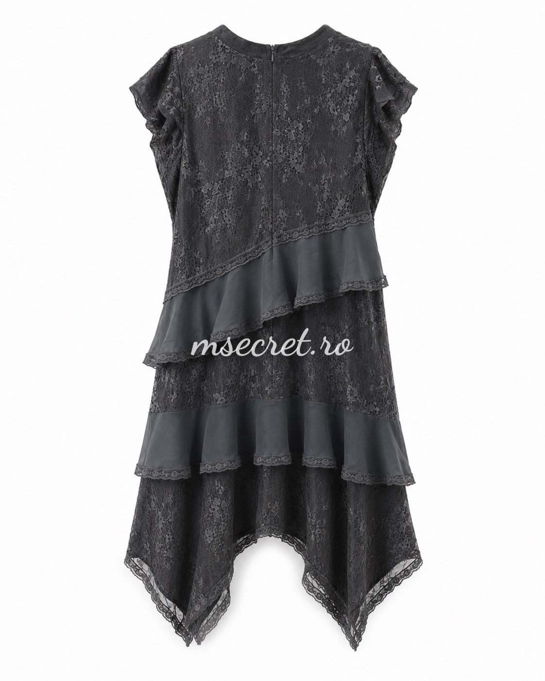 Rochie asimetrica din dantela gri antracit cu volane