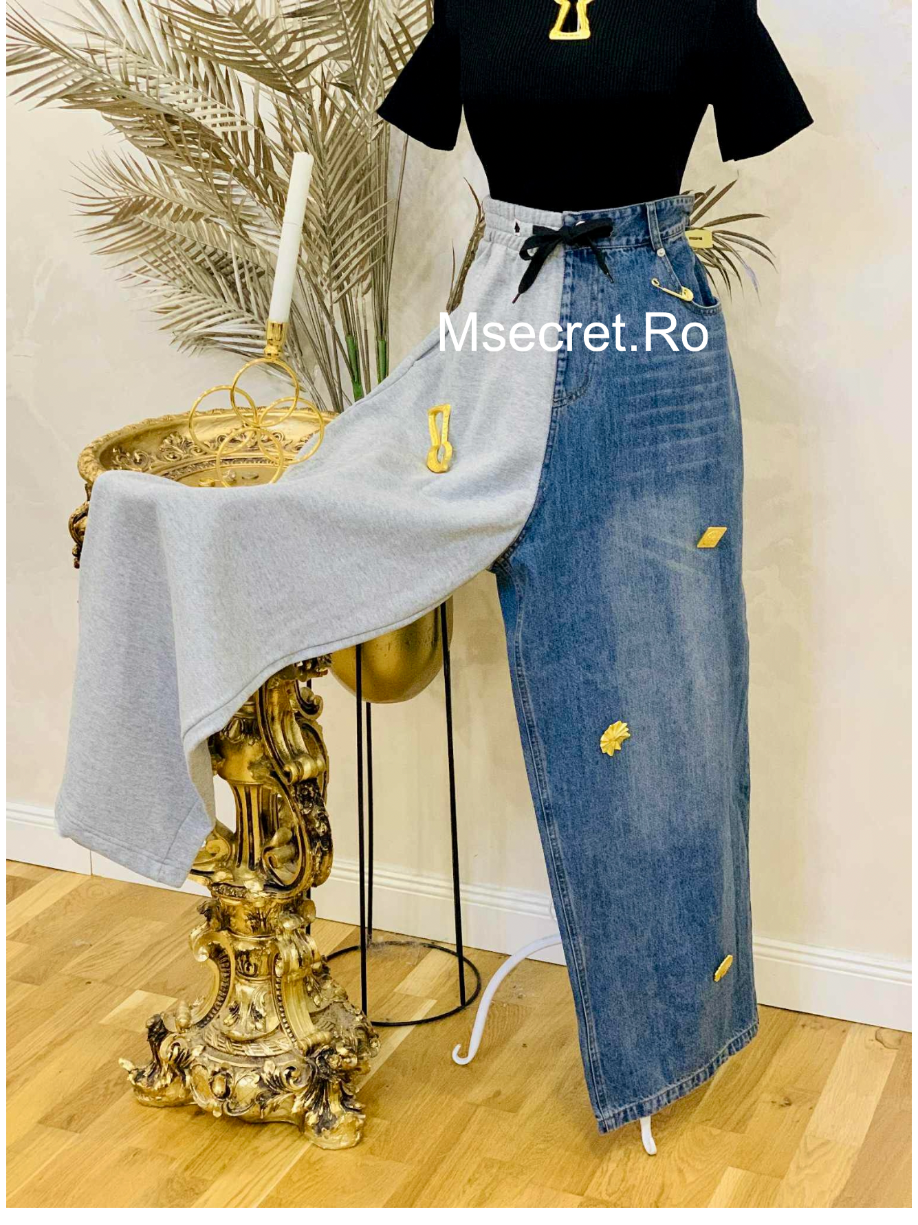 Blugi cu modele aurii si talie elastica