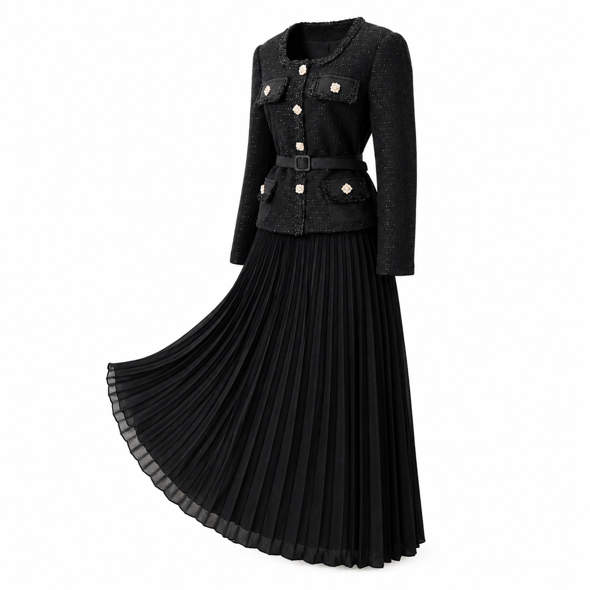 Rochie neagra din tweed cu cristale