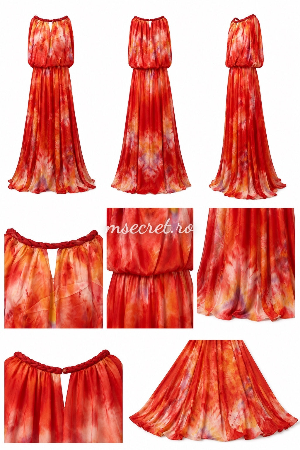 Rochie lunga rosie tie-dye cu decolteu Bardot