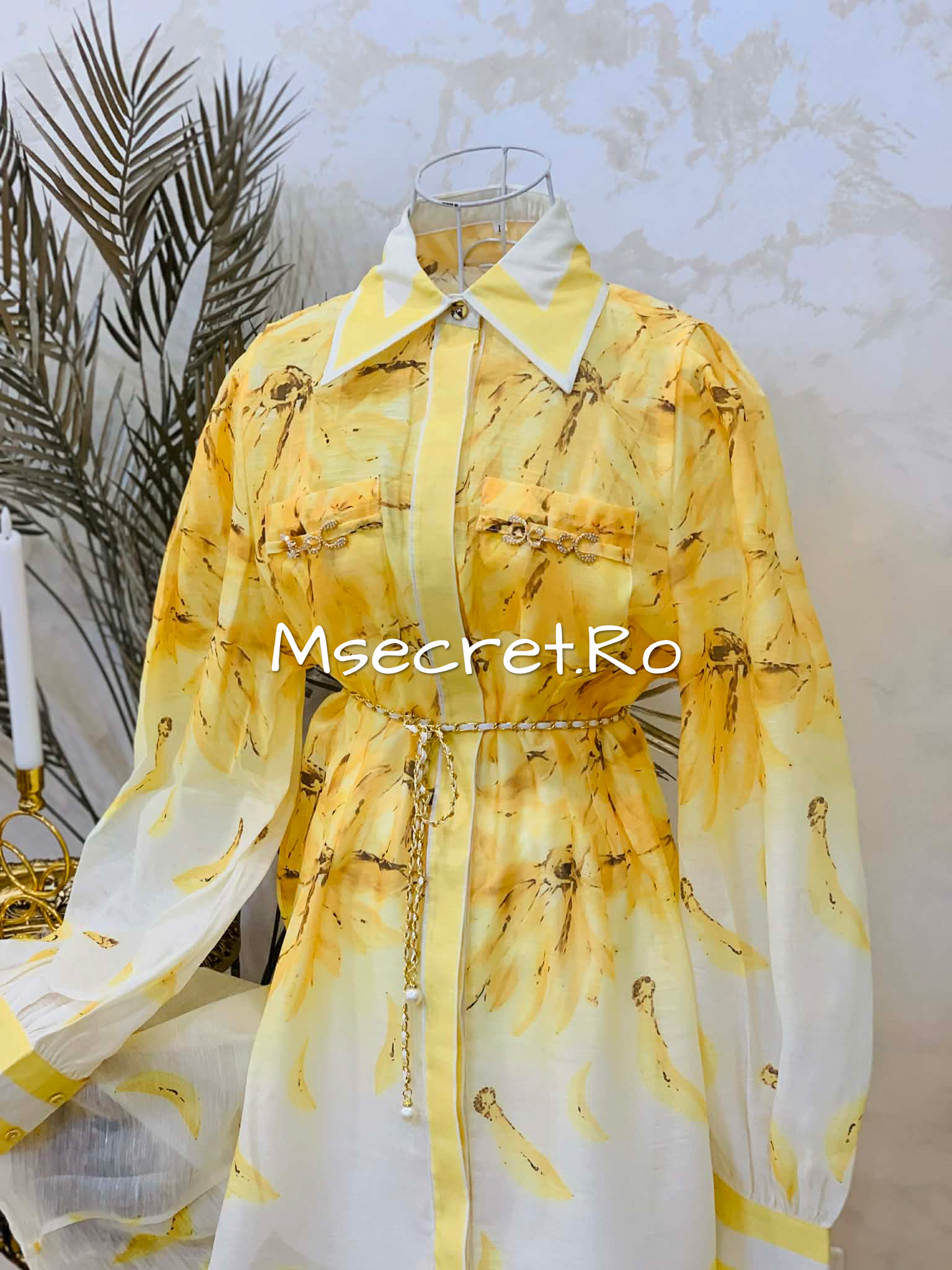 Rochie galbena din in cu maneci