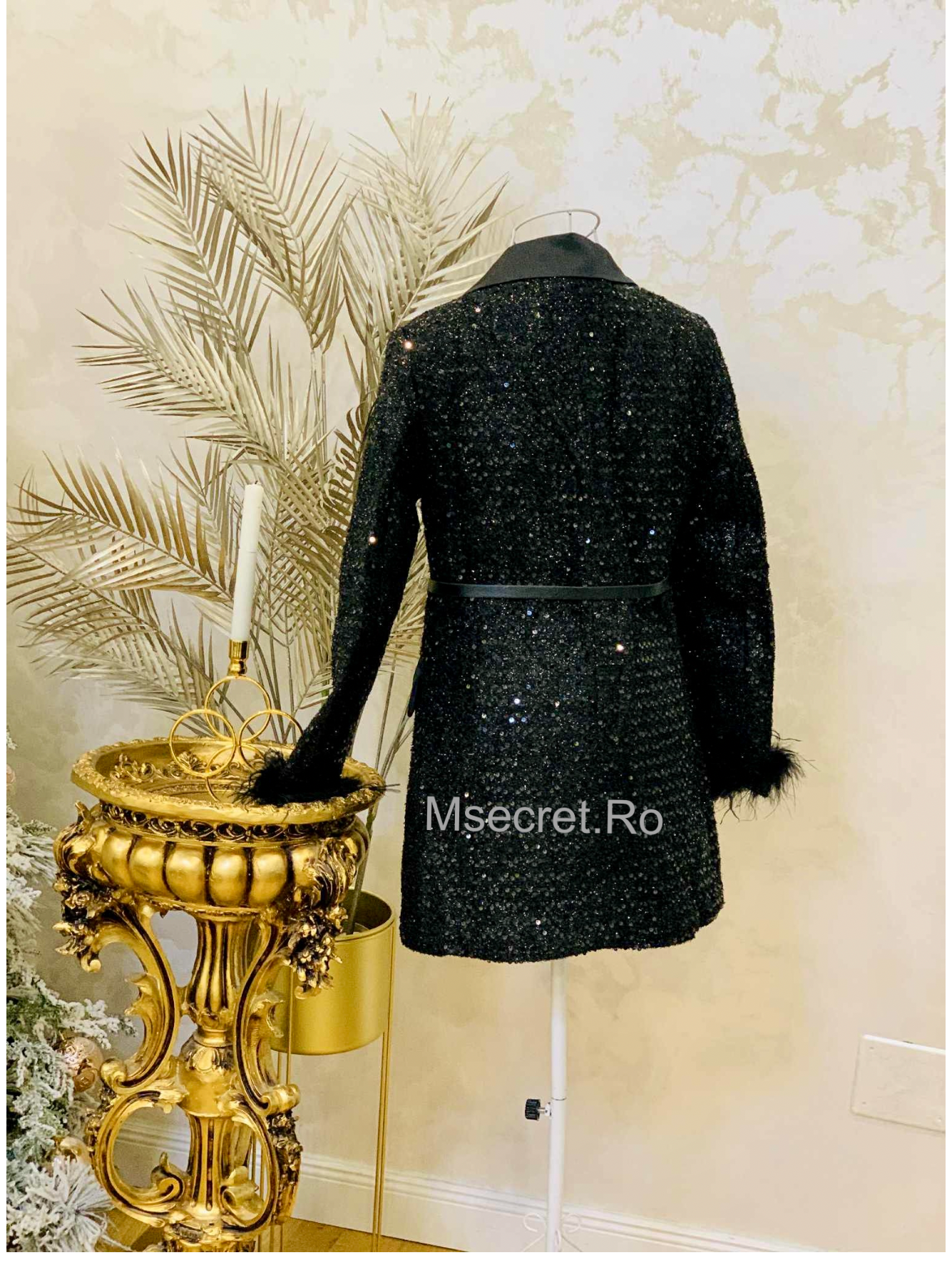 Black tweed dress with feathers