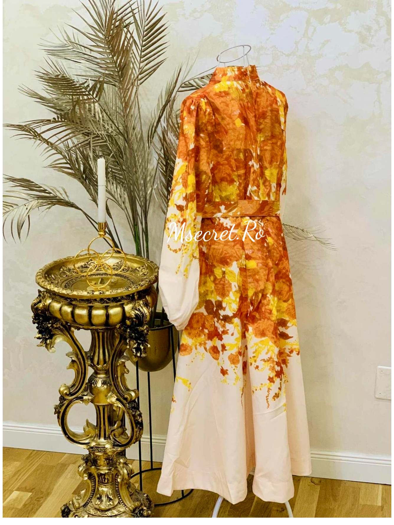 Rochie midi cu maneca lunga, imprimeu floral și nasturi decorativi