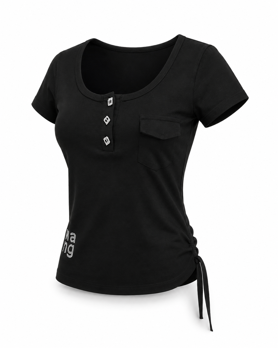 Tricou negru din bumbac cu nasturi bijuterie si detalii strass