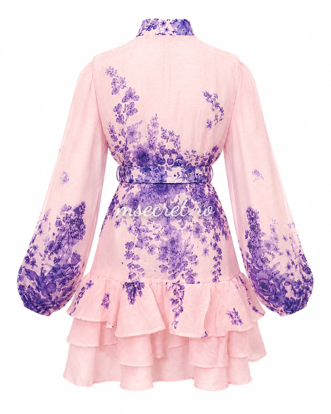 Powder pink linen dress with purple floral print