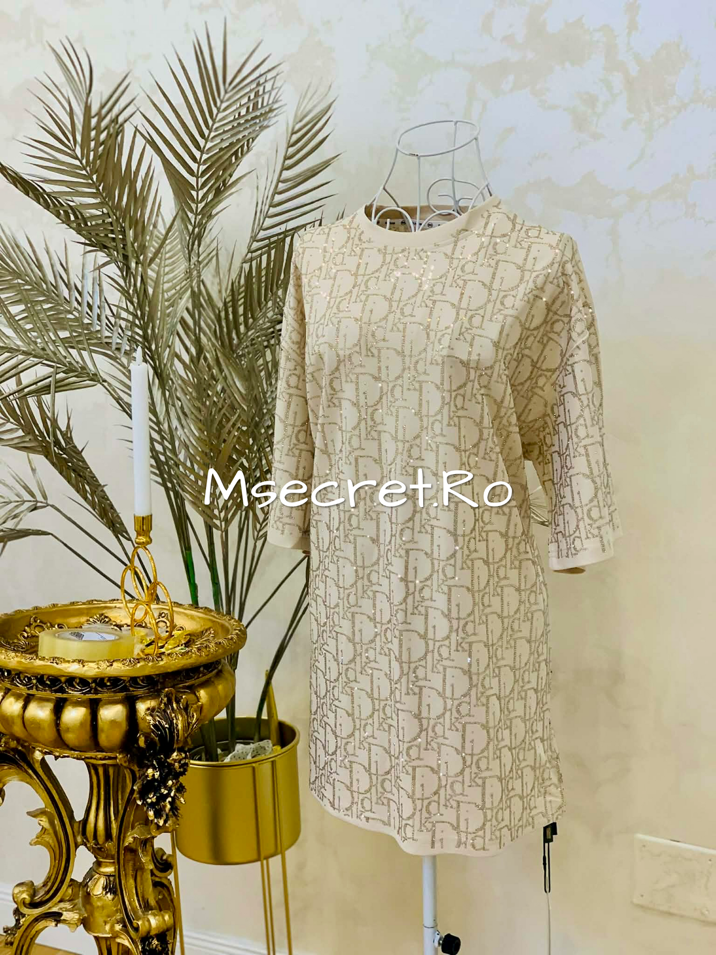 Cotton T-shirt dress with beige crystals
