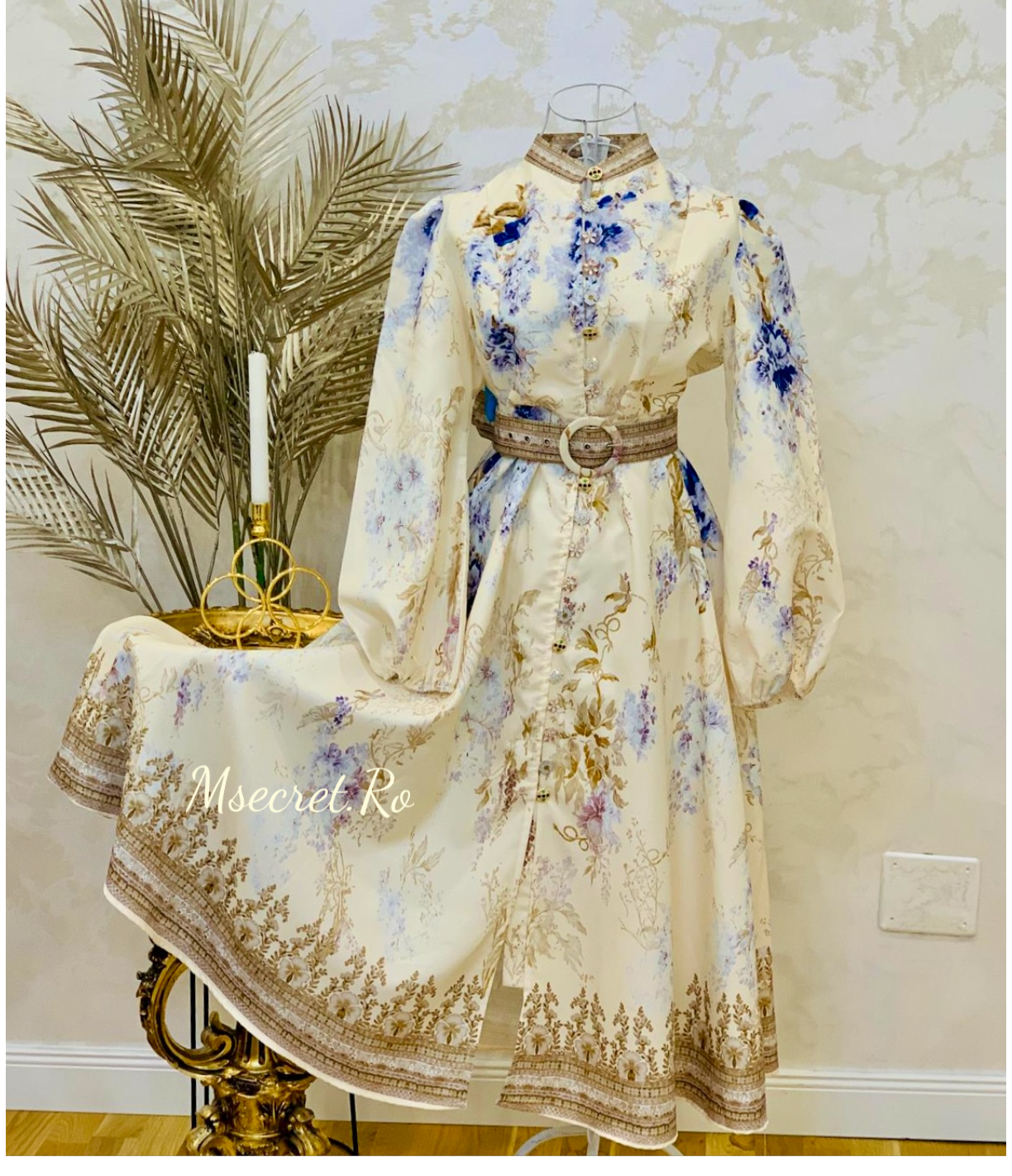 Rochie midi din in cu maneca lunga Blue