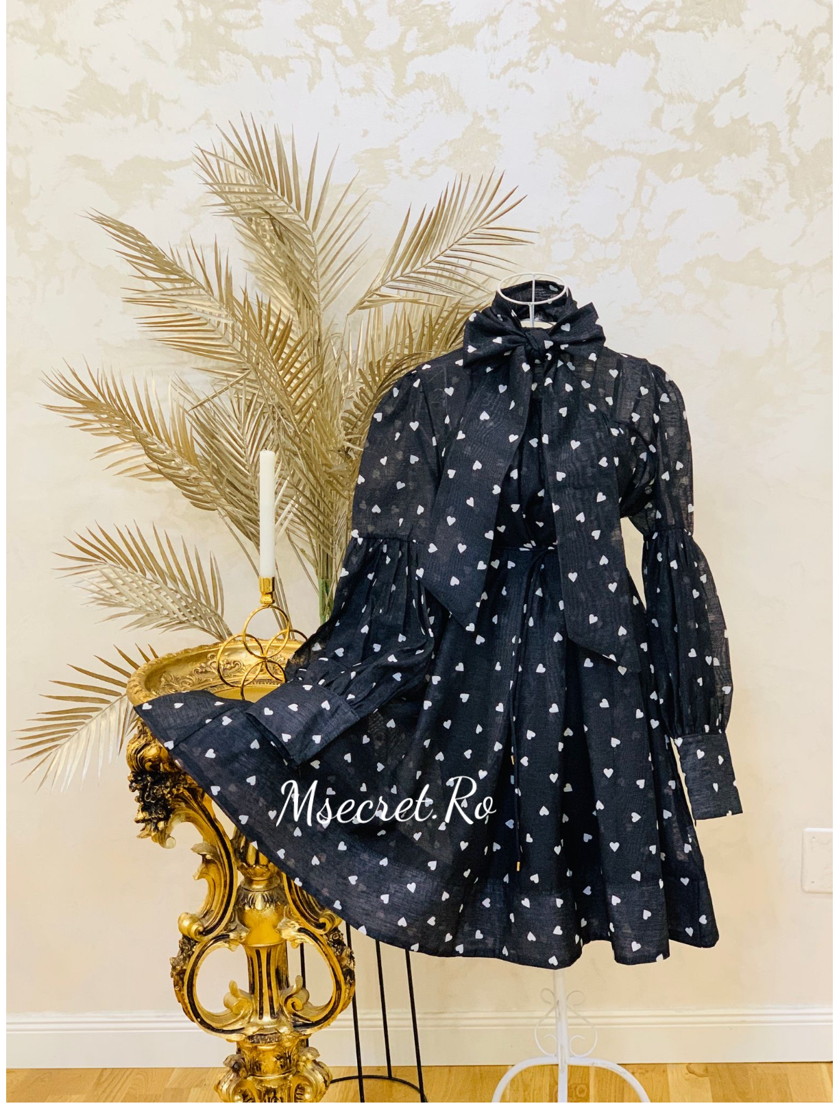 Rochie neagra cu maneca lunga din in si bumbac cu talie reglabila
