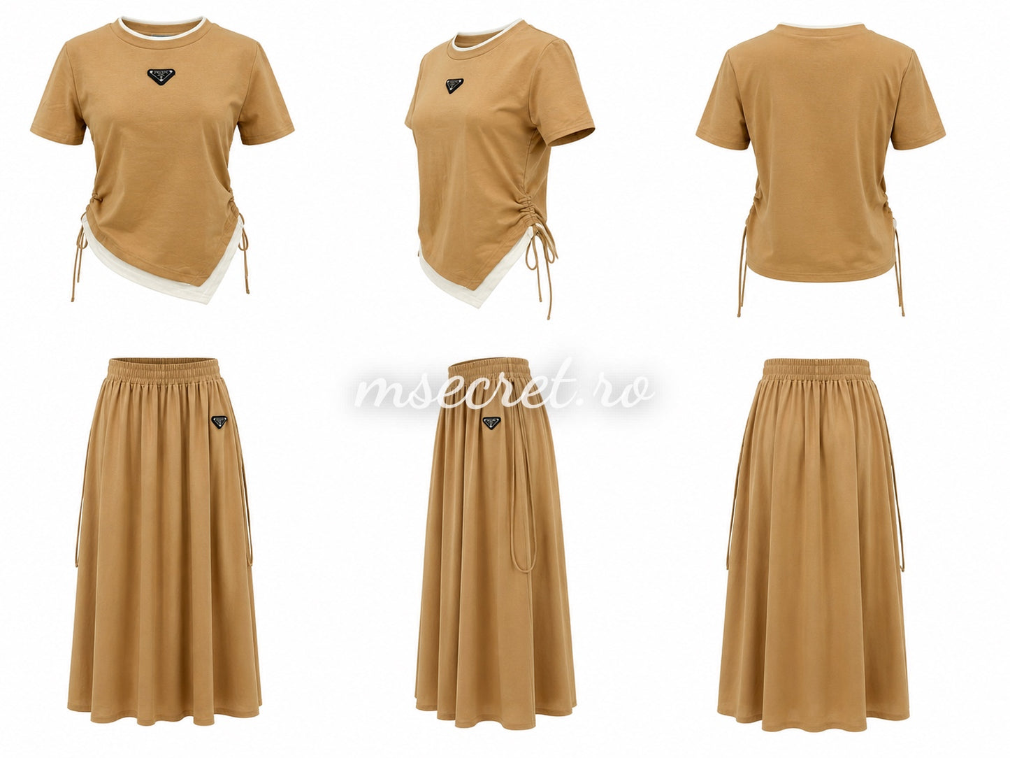 Compleu bej din bumbac cu tricou si fusta midi