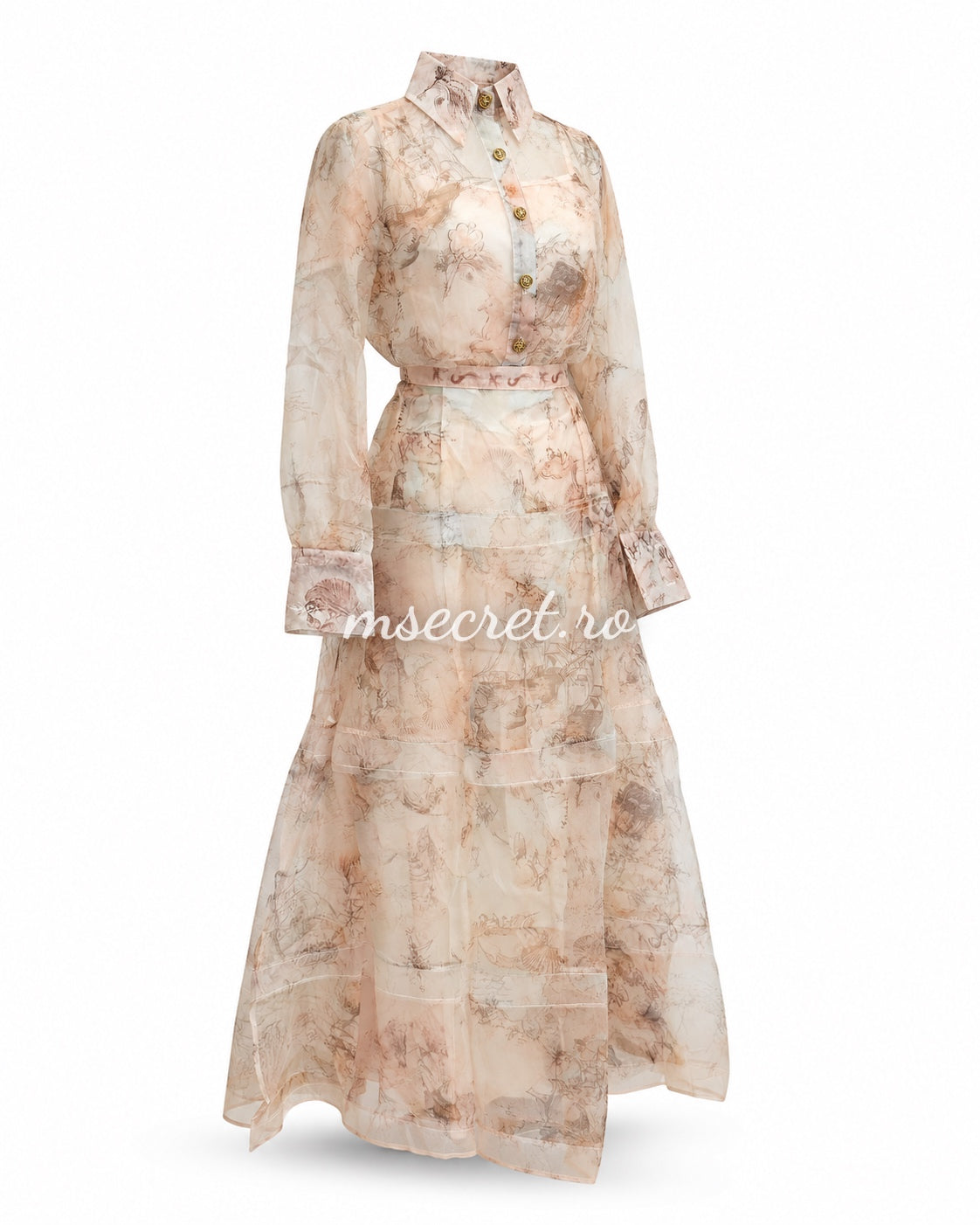 Compleu din organza cu imprimeu artistic in nuante nude