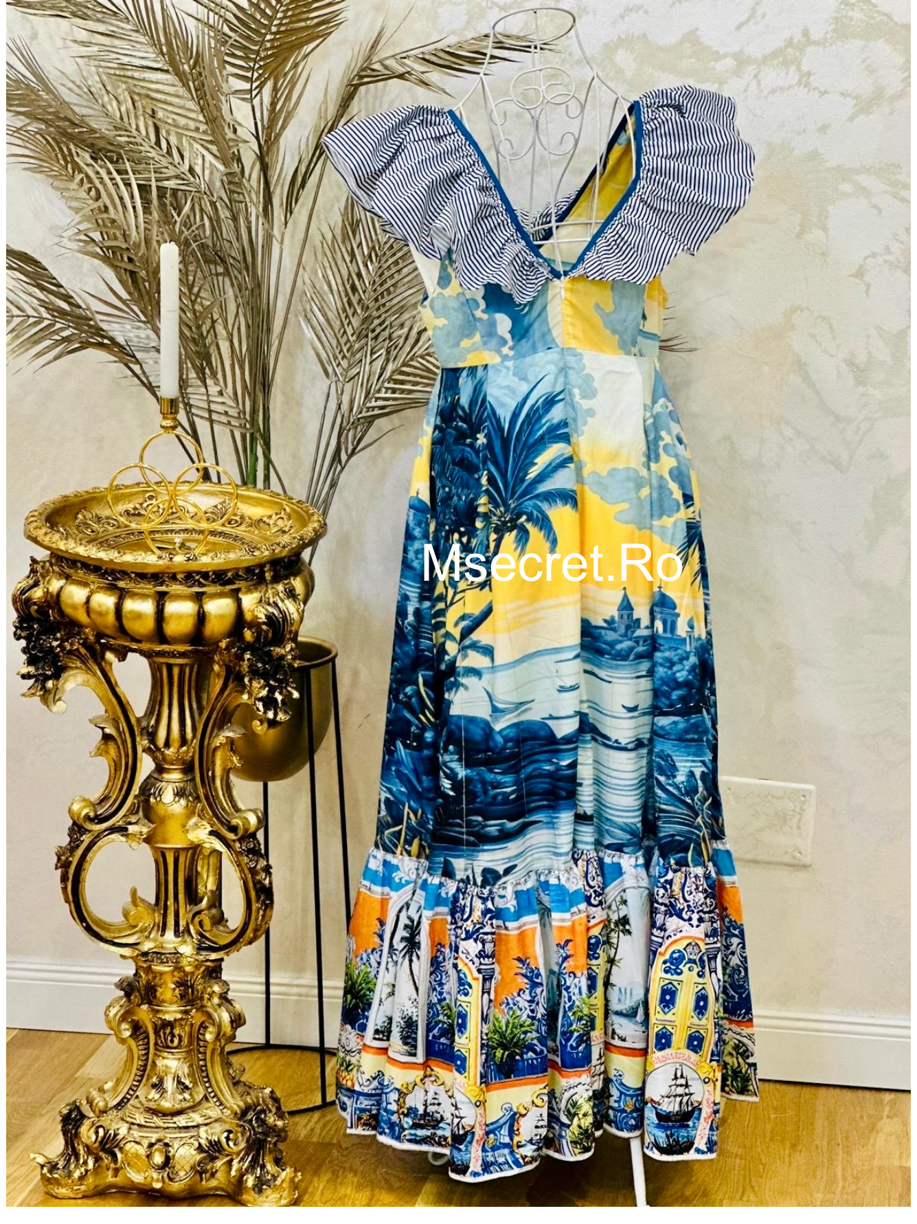 Rochie maxi cu imprimeu marin și fundă supradimensionată