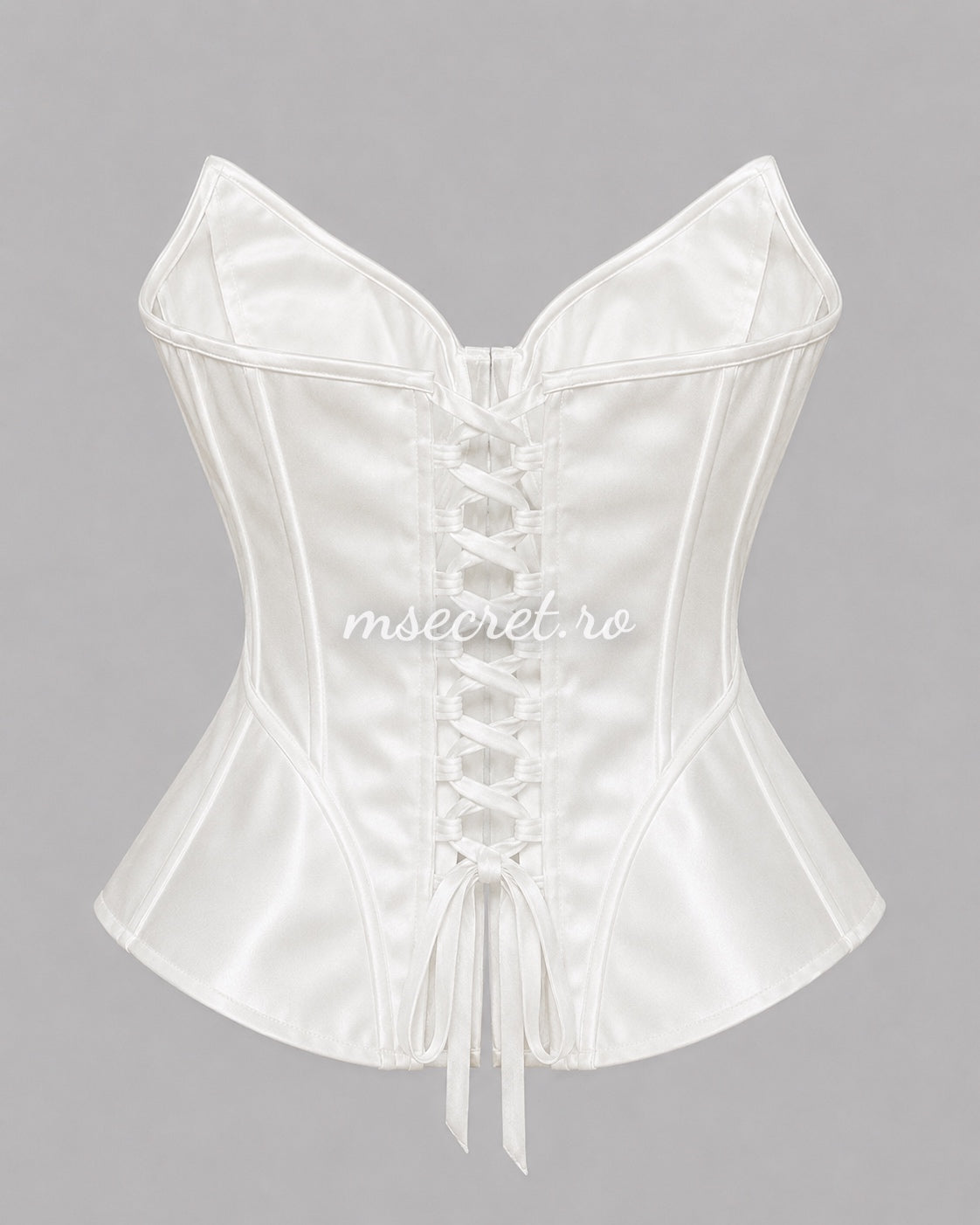White satin corset with contoured cups and sculptural design