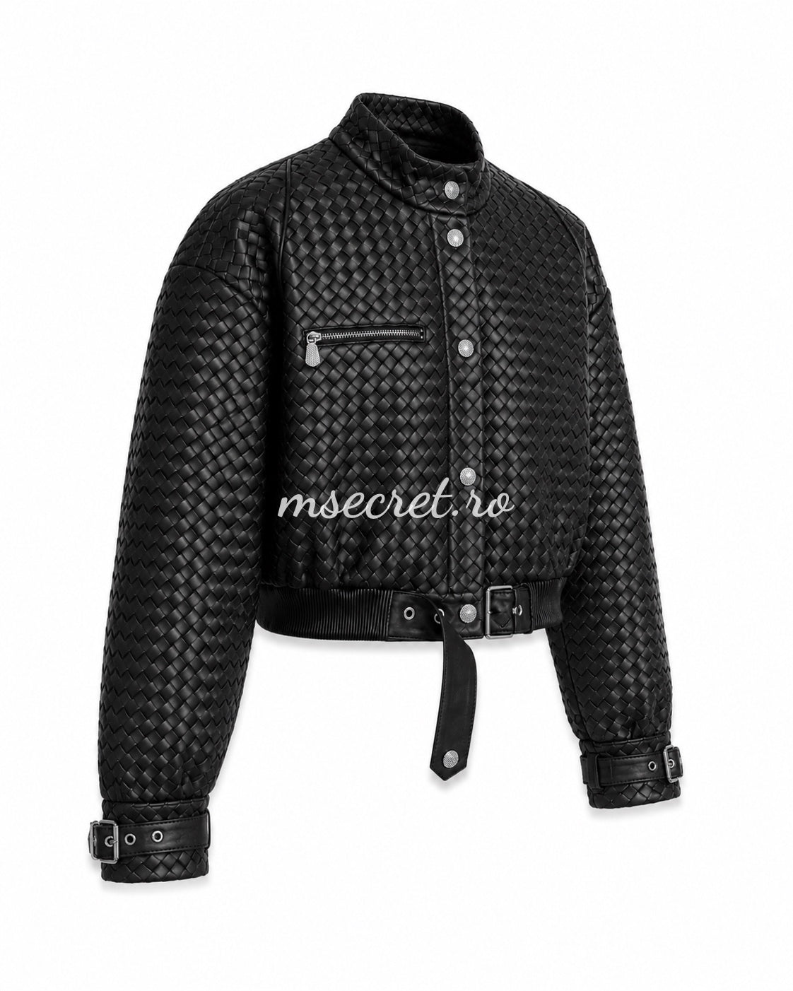 Geaca scurta din piele naturala neagra cu textura impletita