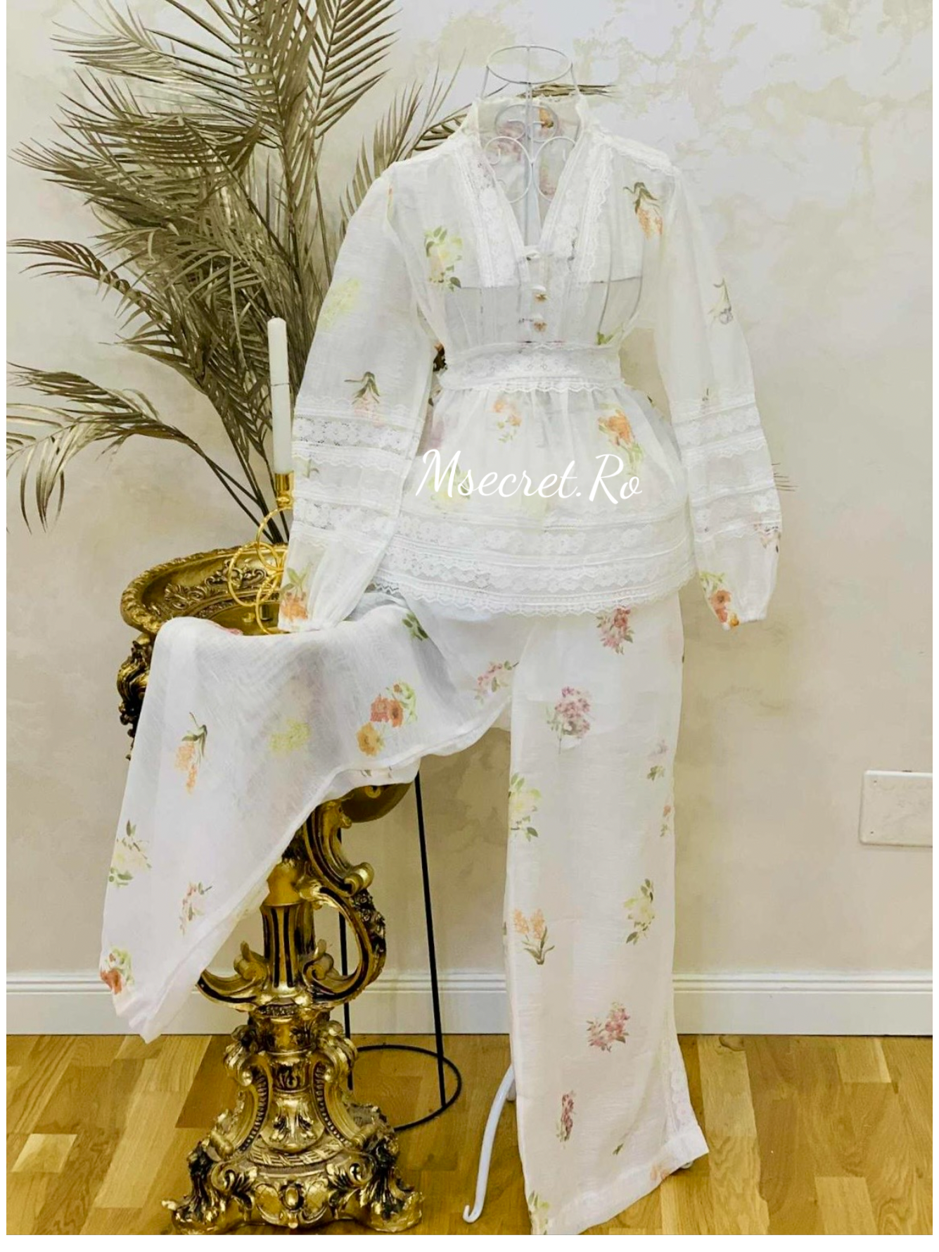 Compleu din in si matase cu broderie și imprimeu pastelat