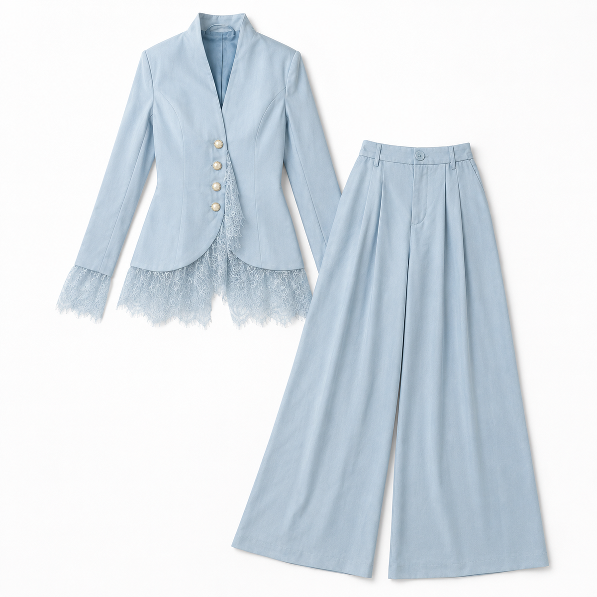 Compleu elegant baby blue cu sacou si pantaloni largi si dantela