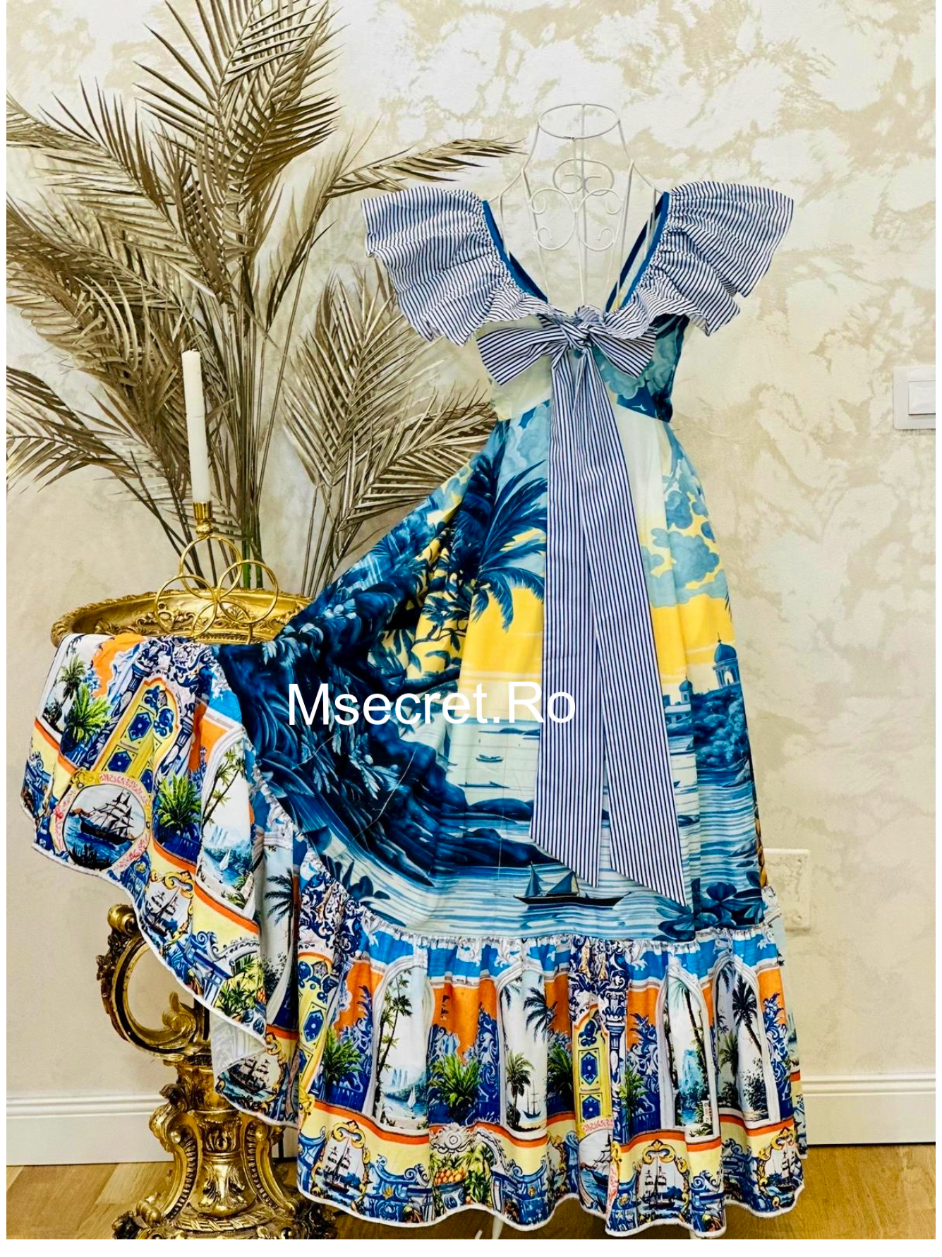Rochie maxi cu imprimeu marin și fundă supradimensionată