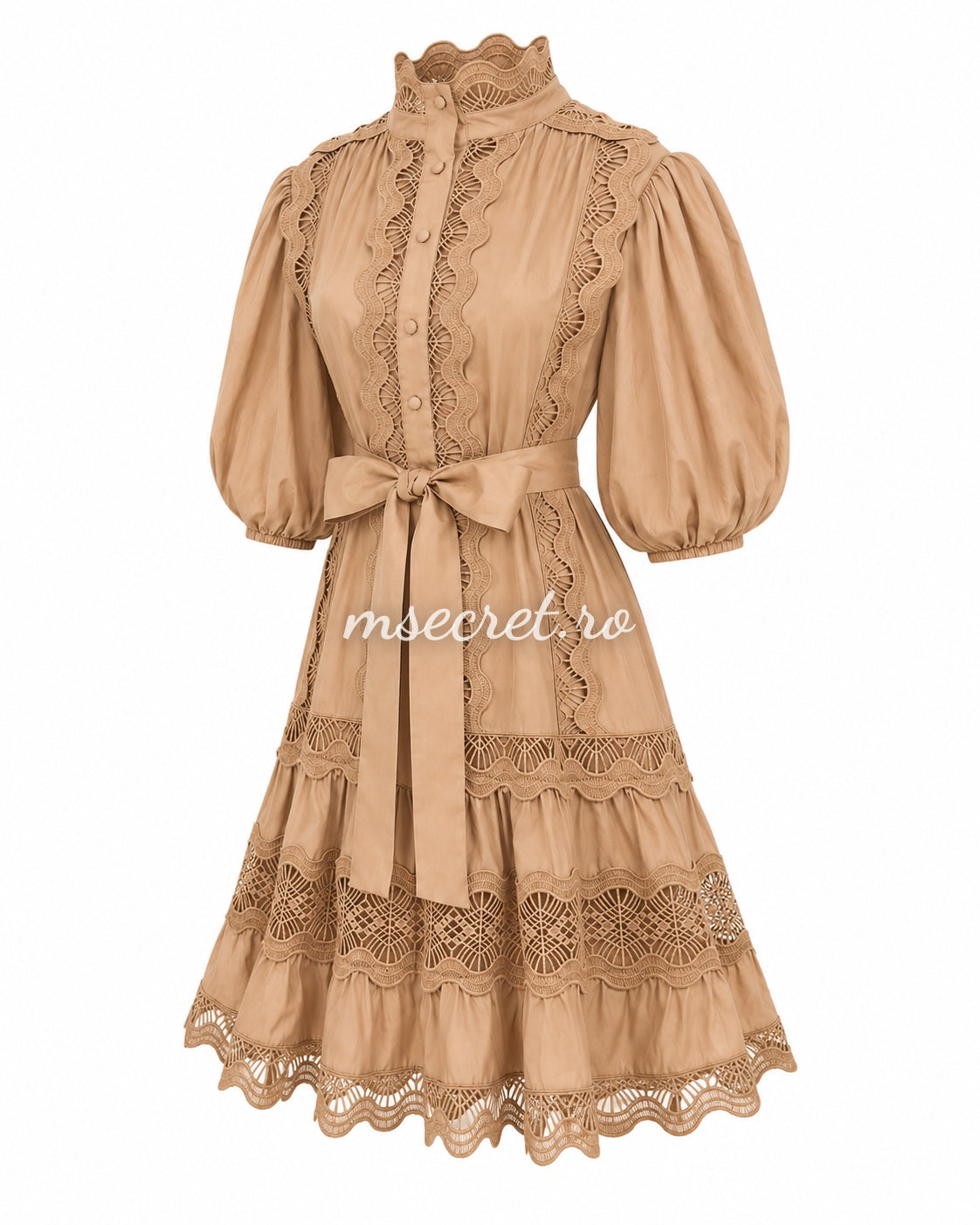 Beige dress with decorative embroidery and puff sleeves
