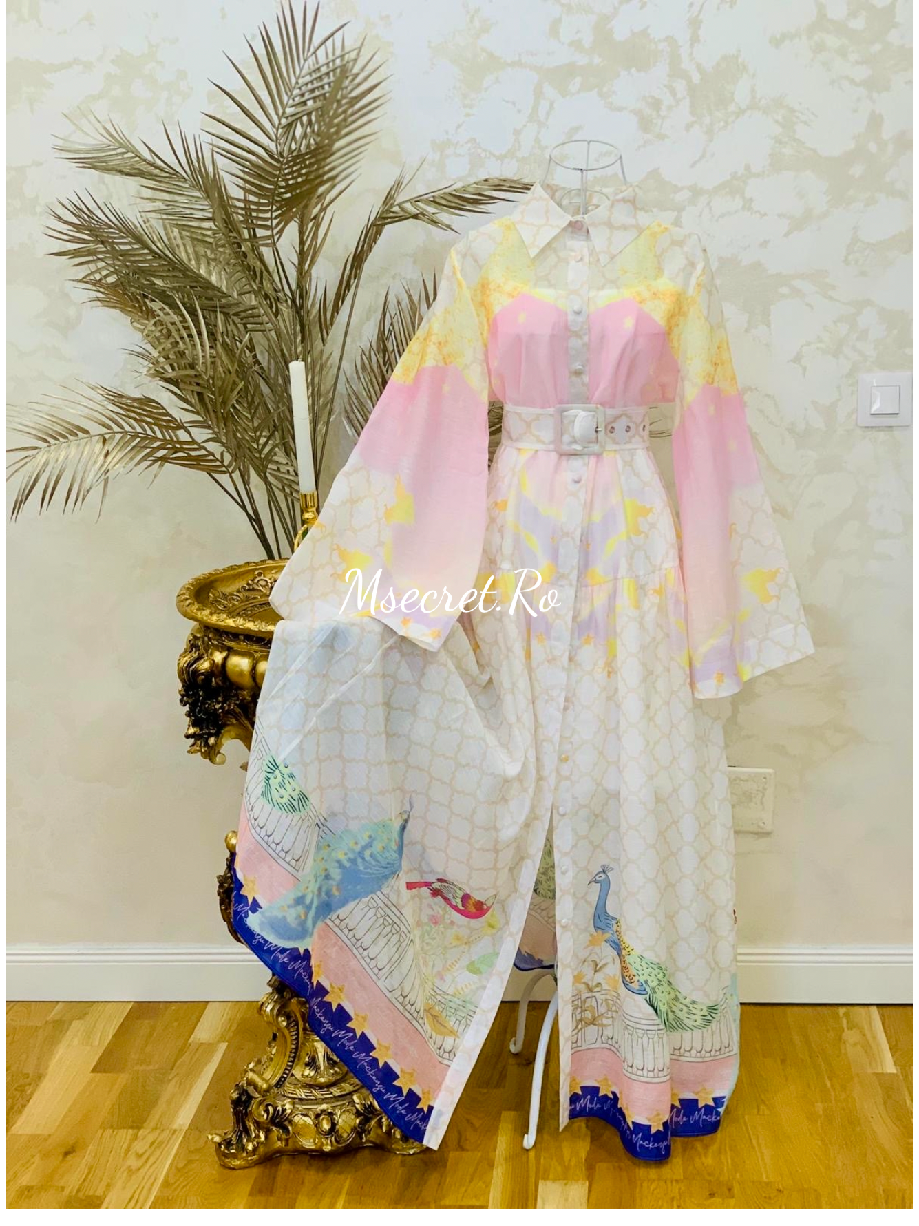 Rochie din in maxi cu maneca lunga