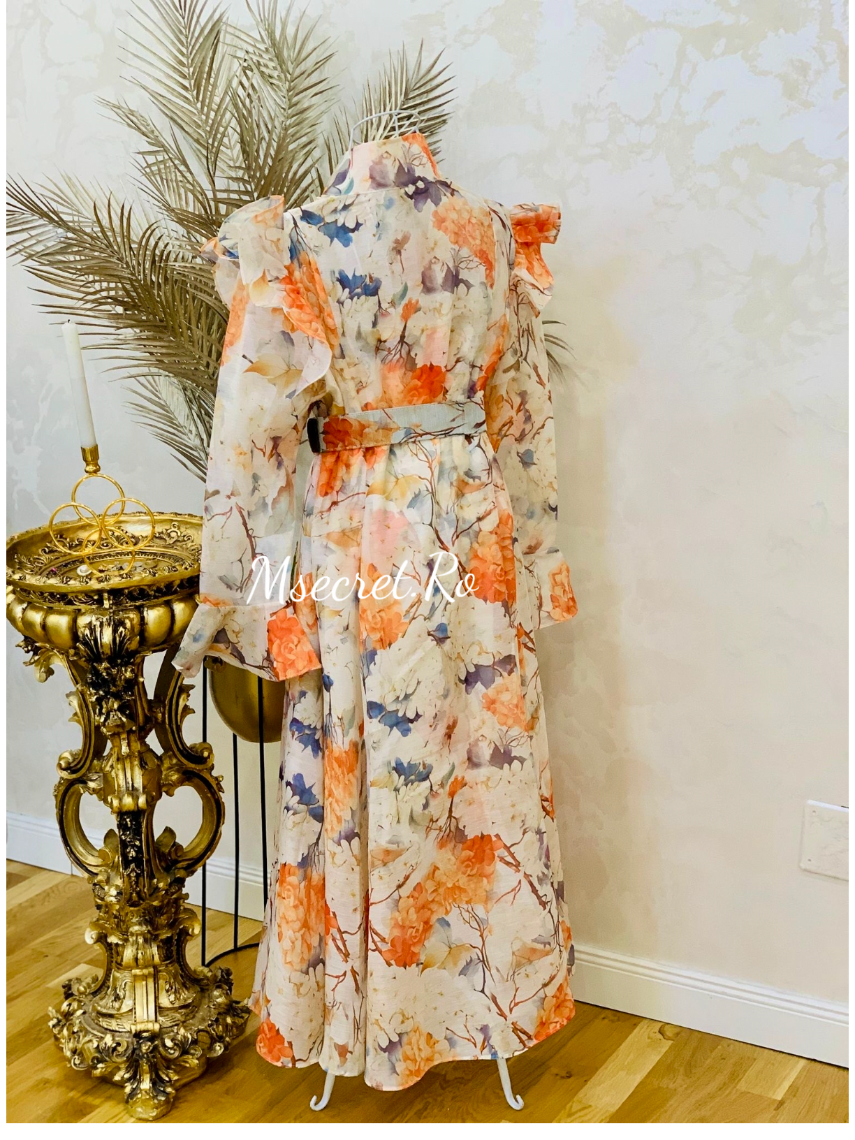 Rochie din in si matase cu flori portocalii