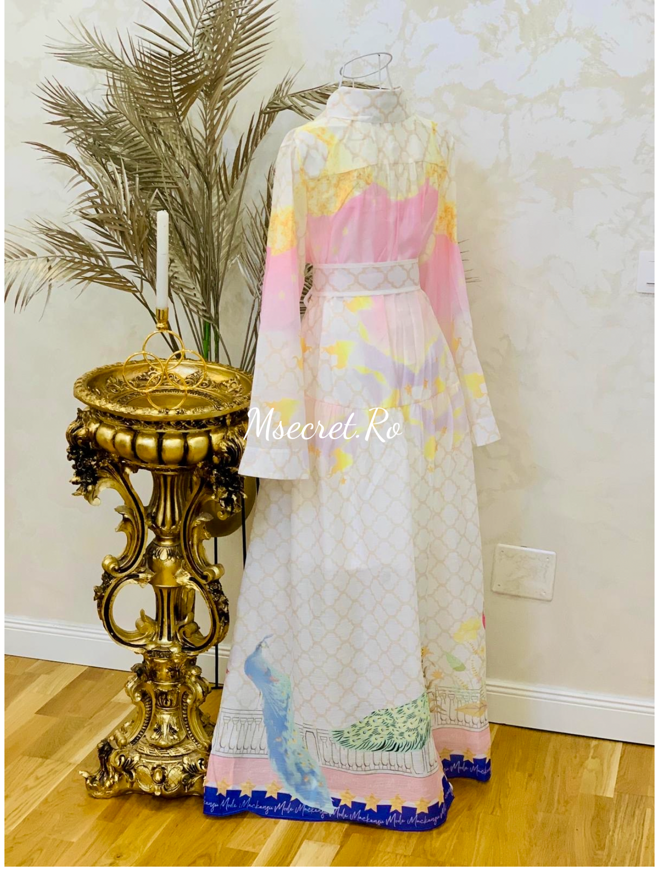 Rochie din in maxi cu maneca lunga