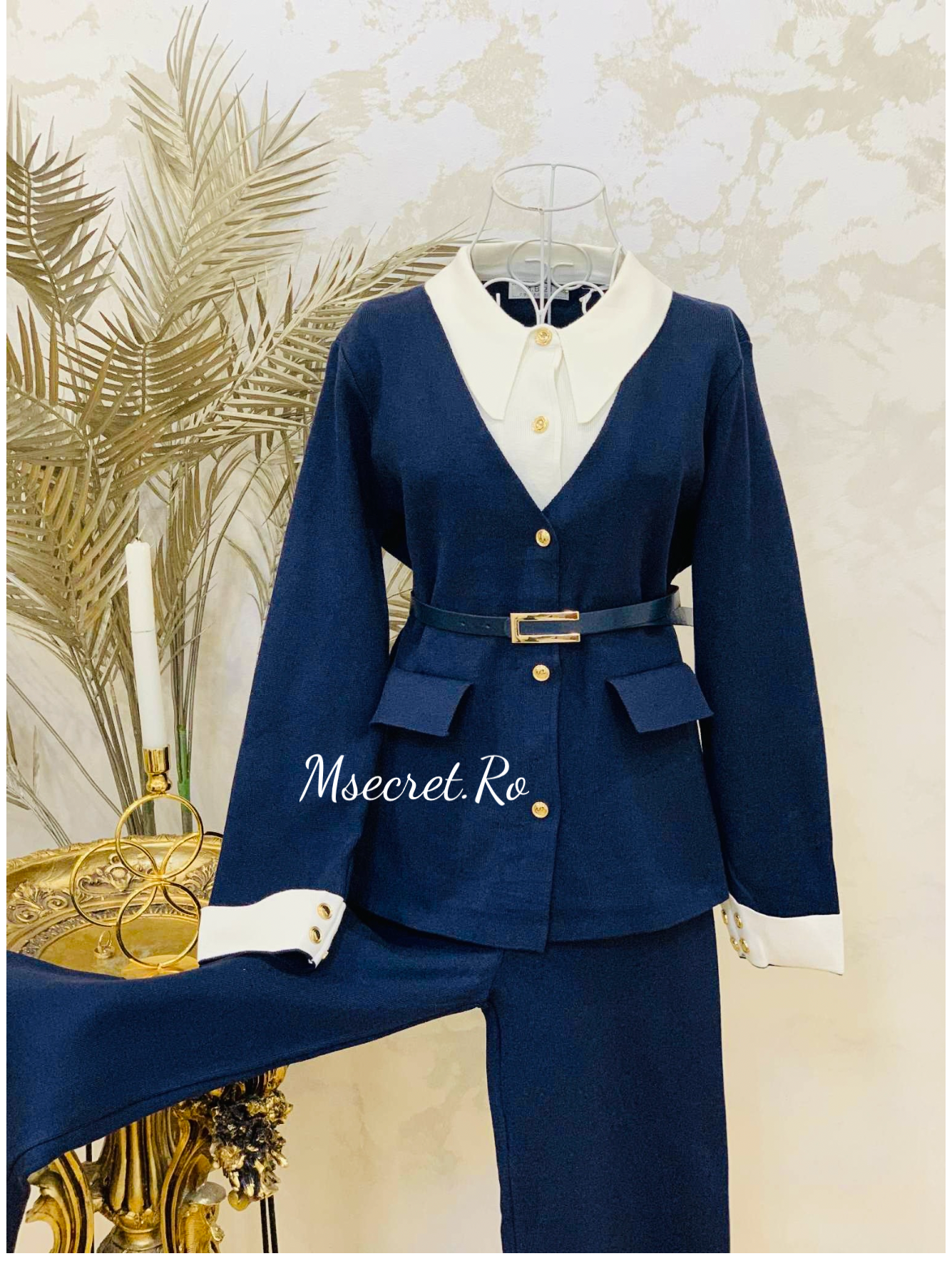 Compleu tricot blue-marin cu pantaloni lungi