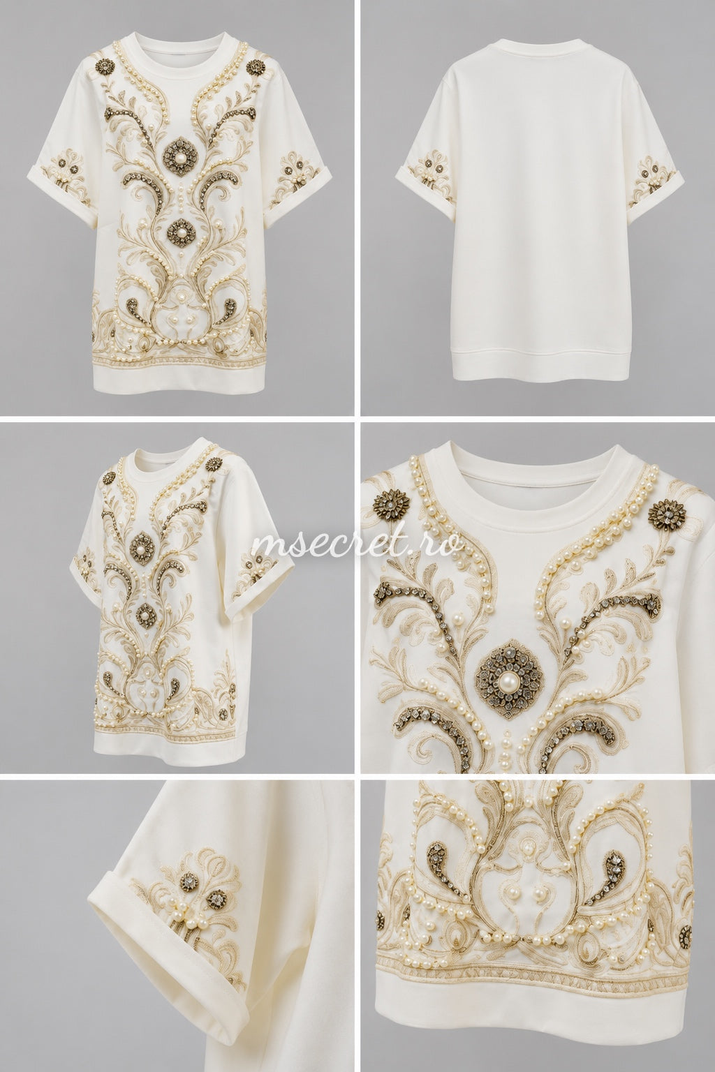 Rochie alba scurta cu broderie aurie, perle si aplicatii stralucitoare