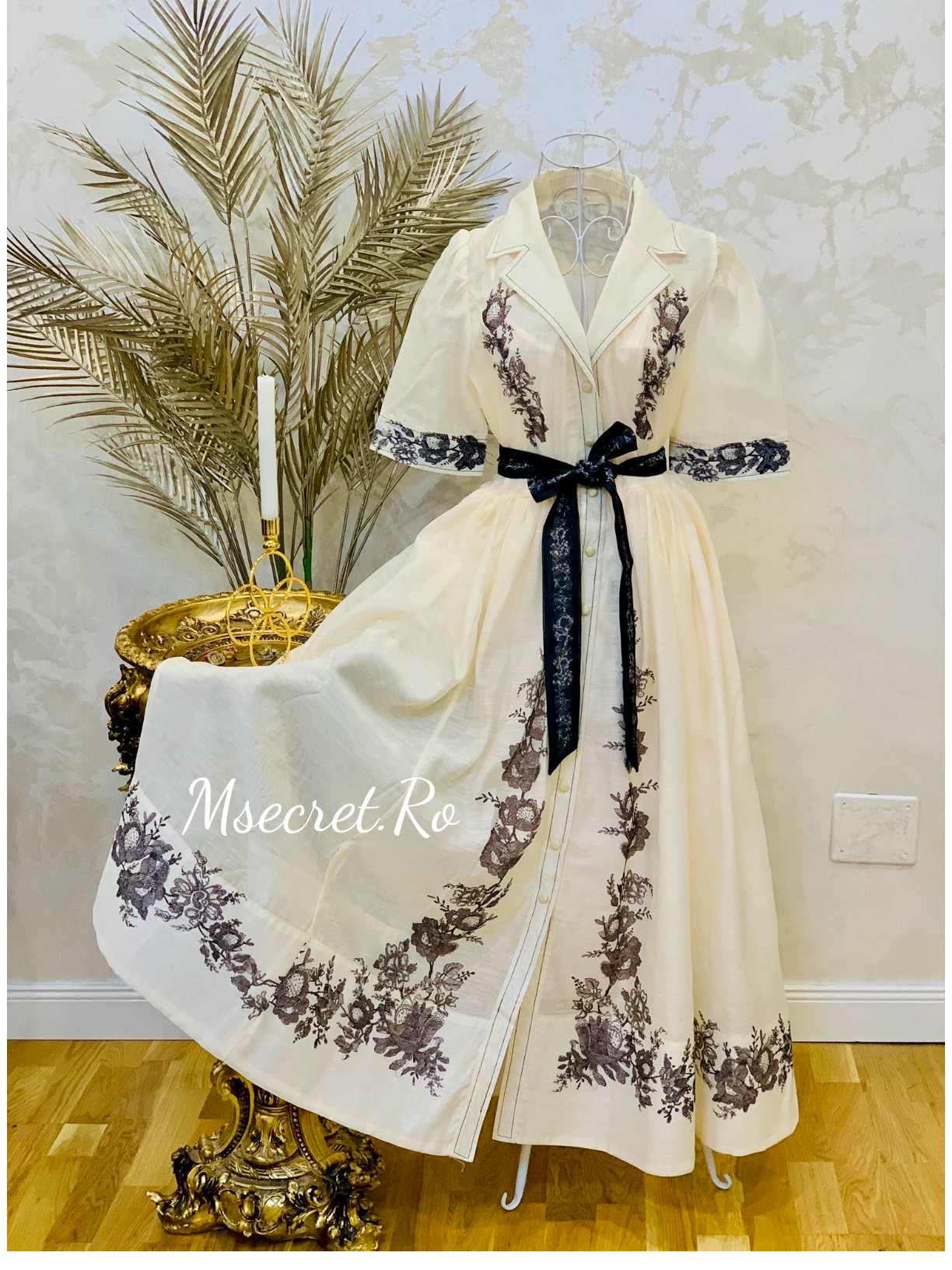 Rochie lunga ivoire din in si matase cu broderie florala