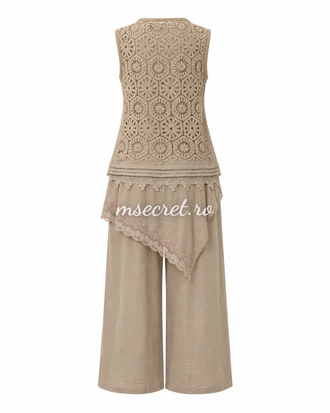 Beige set with crocheted lace vest and wide-leg pants