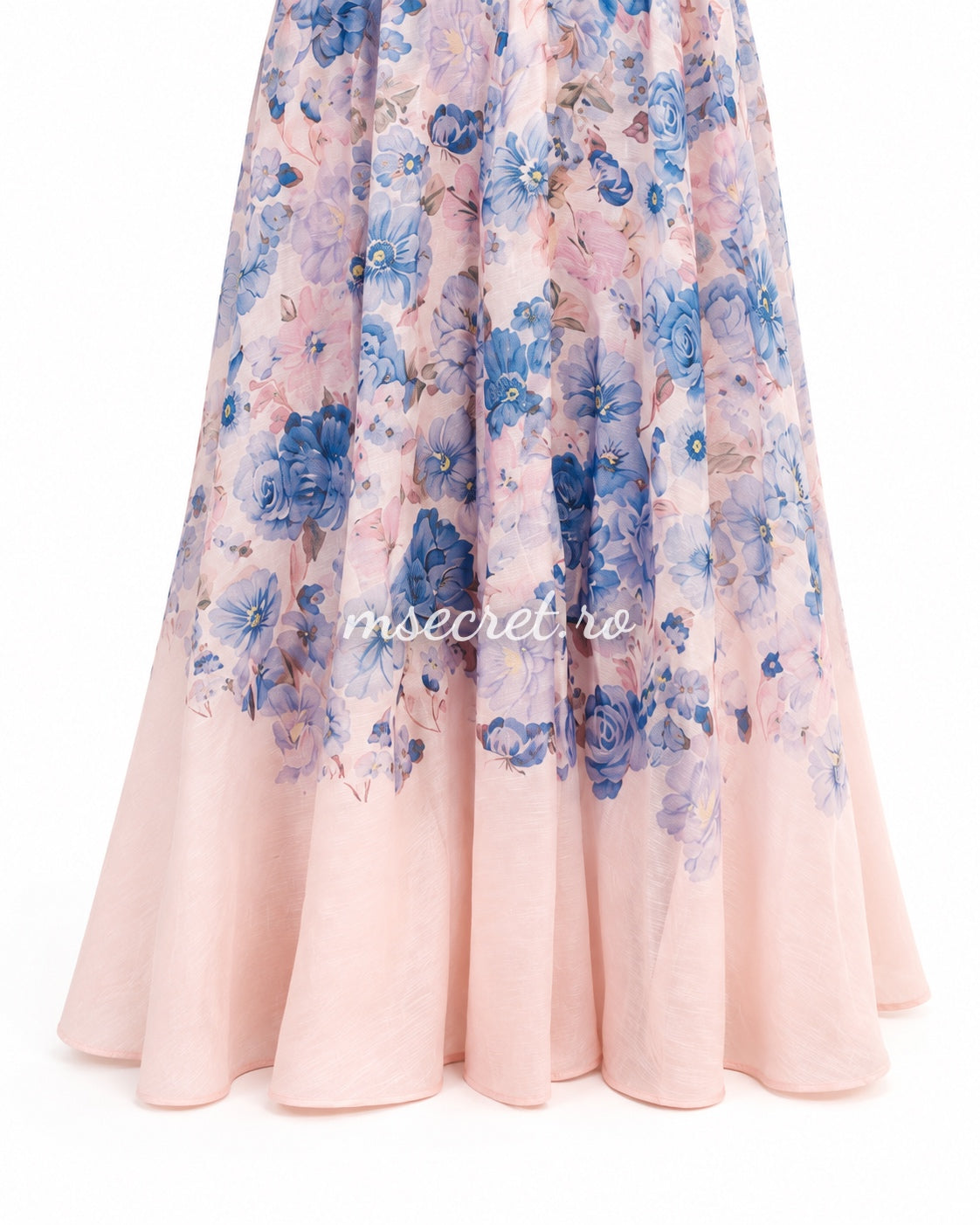 Long pink linen dress with floral print and 3D appliques