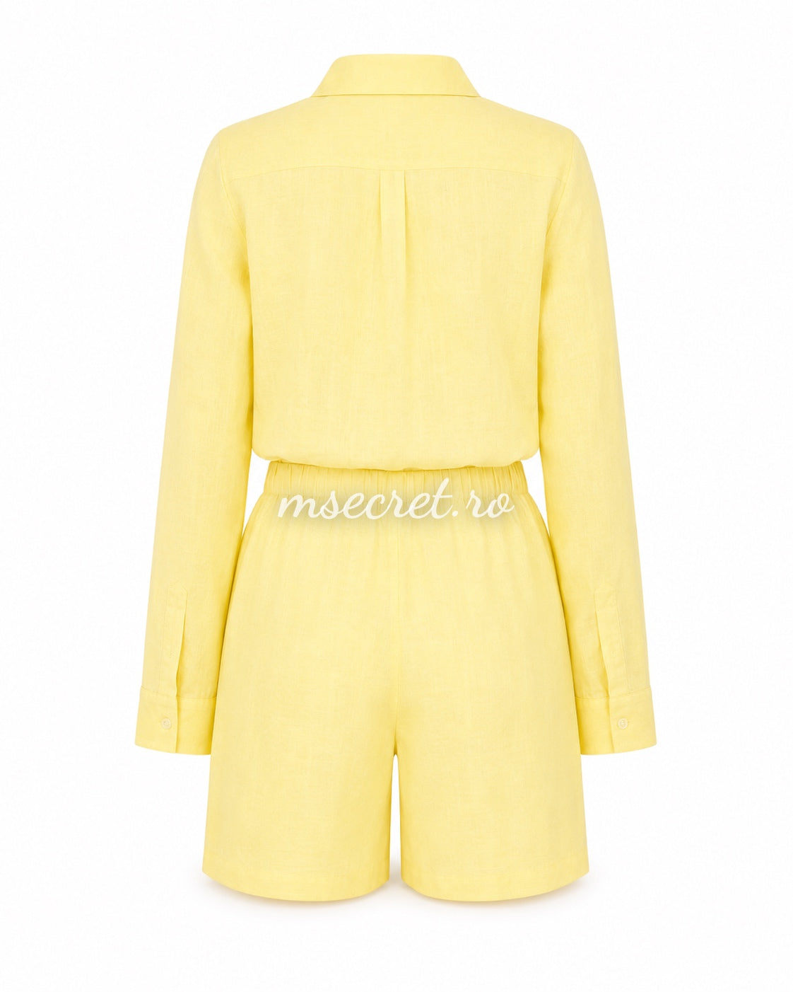 Compleu din in galben pastel cu camasa si pantaloni scurti