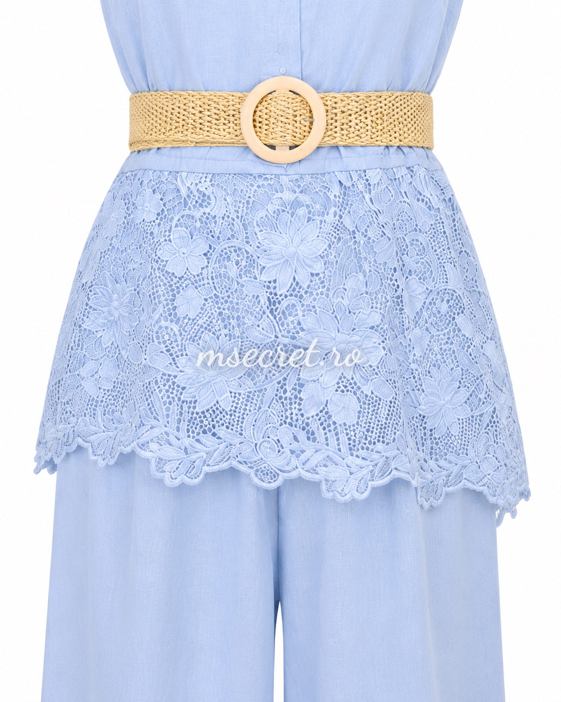 Compleu blue din in cu pantaloni largi si dantela