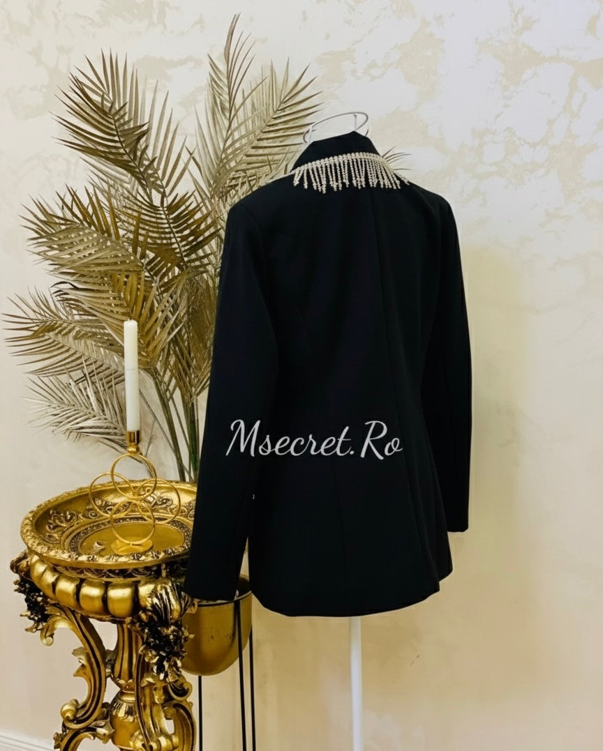 Sacou elegant negru cu franjuri strălucitori