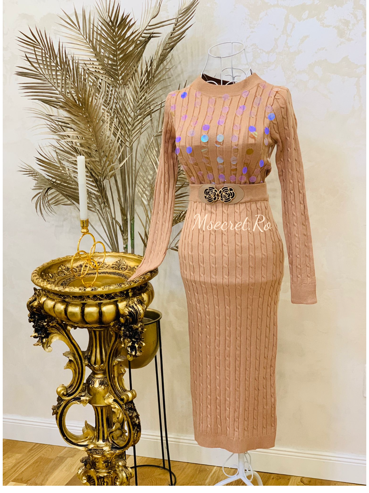 Compleu din tricot cu fusta midi si bluza cu model Bubu