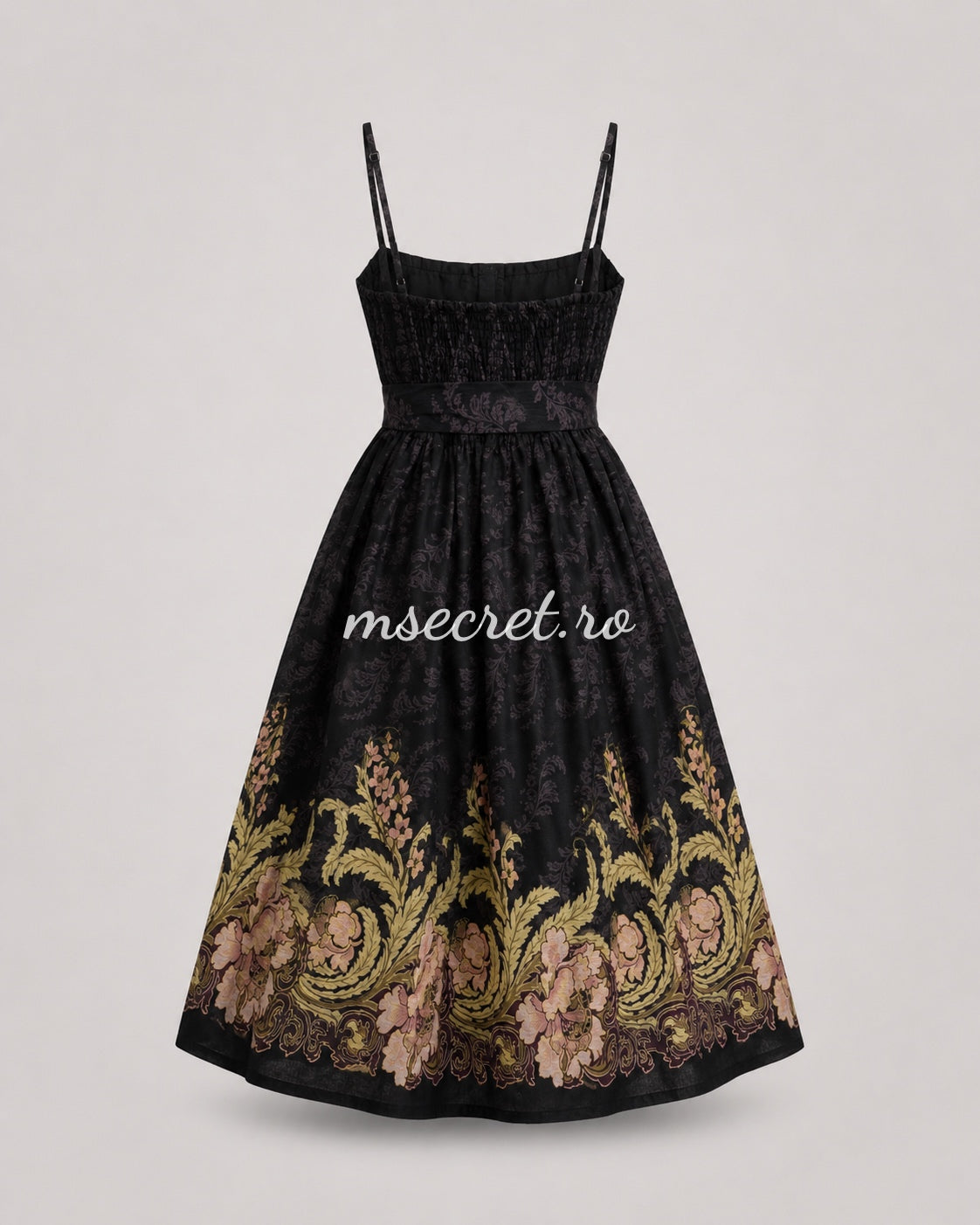 Rochie midi din in neagra cu imprimeu floral