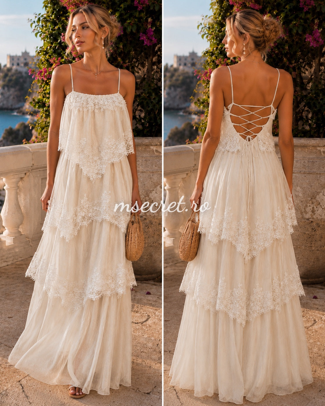 Long beige dress with ruffles and romantic lace