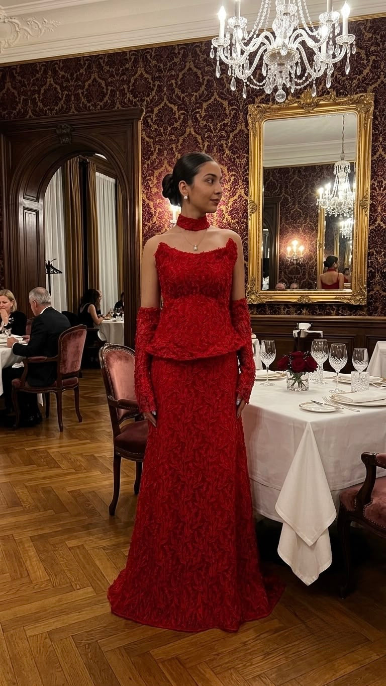 Rochie lunga rosie din dantela
