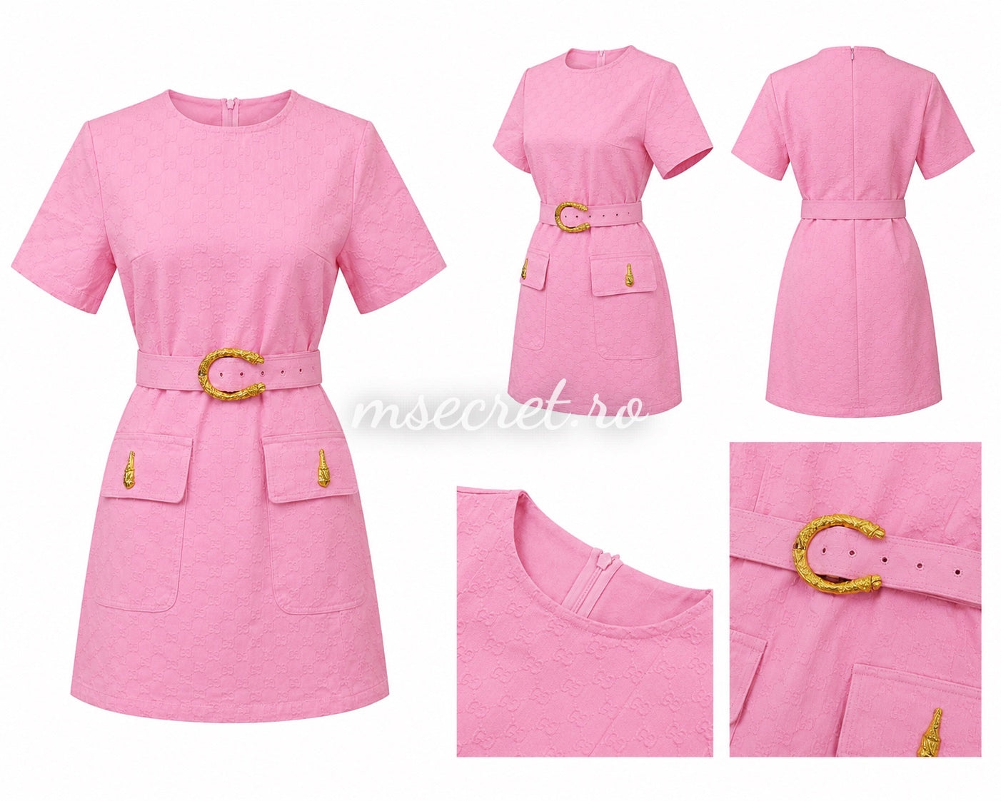 Rochie scurta roz cu curea si buzunare decorative
