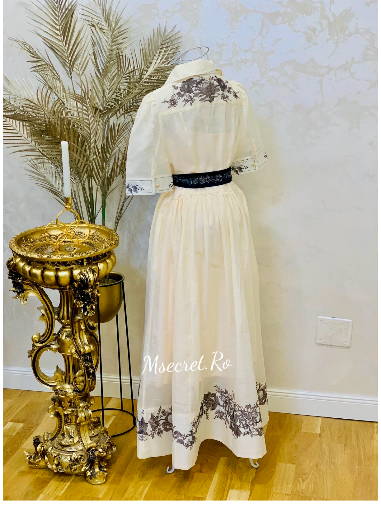 Rochie lunga ivoire din in si matase cu broderie florala