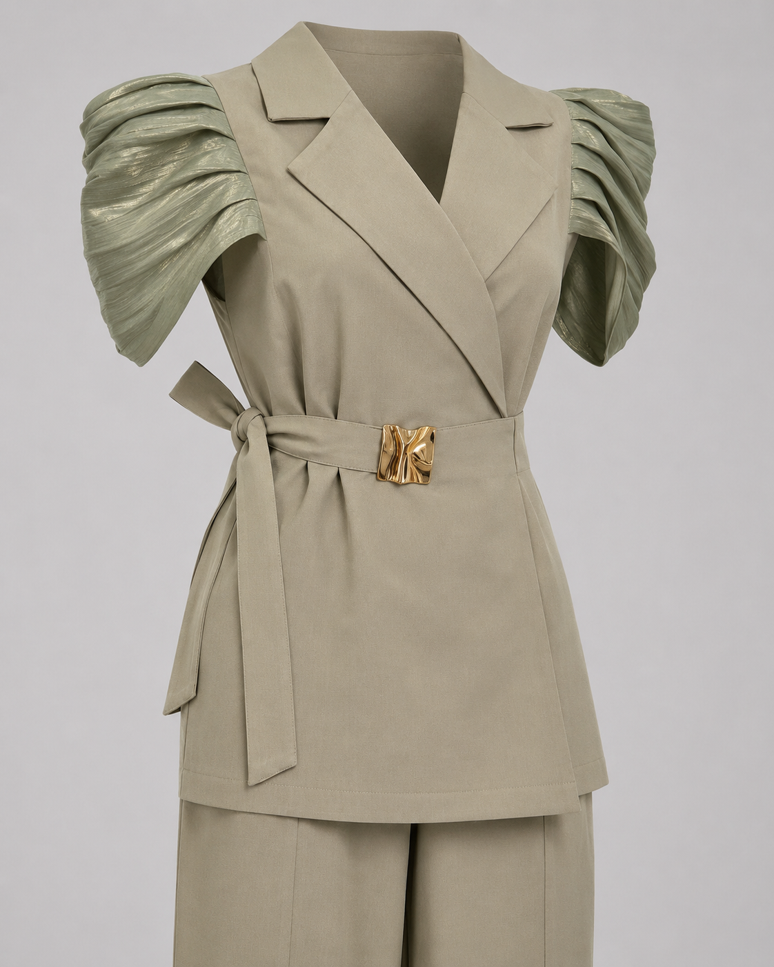 Olive green set with wrap vest and palazzo pants