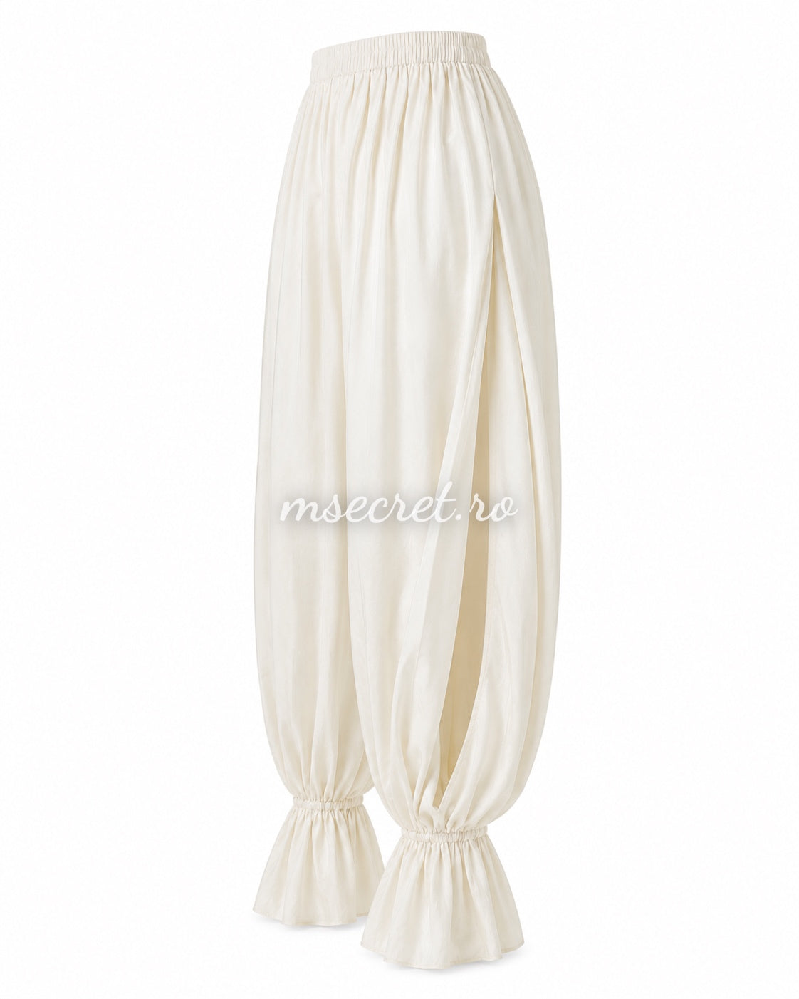 Loose ivory trousers with elasticated waist and ruffled hems