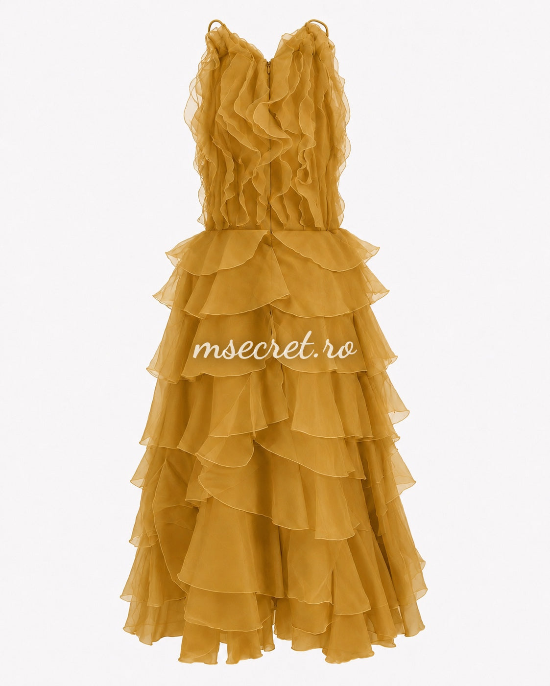 Rochie midi mustar elegantă cu volane din organza