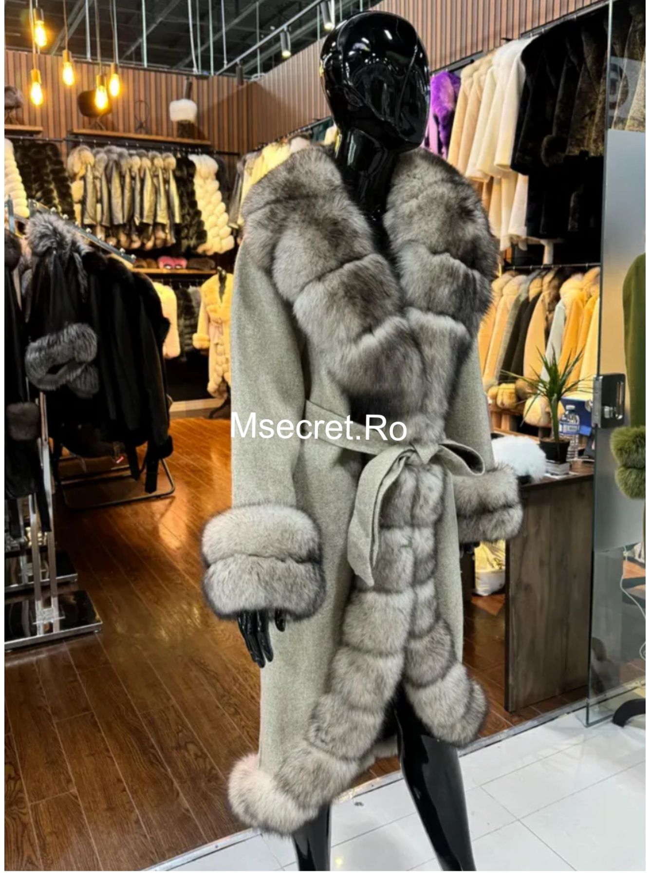 Palton elegant din alpaca cu blana naturala de vulpe