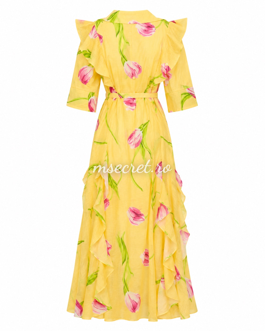 Rochie din in galbena cu print floral si volane