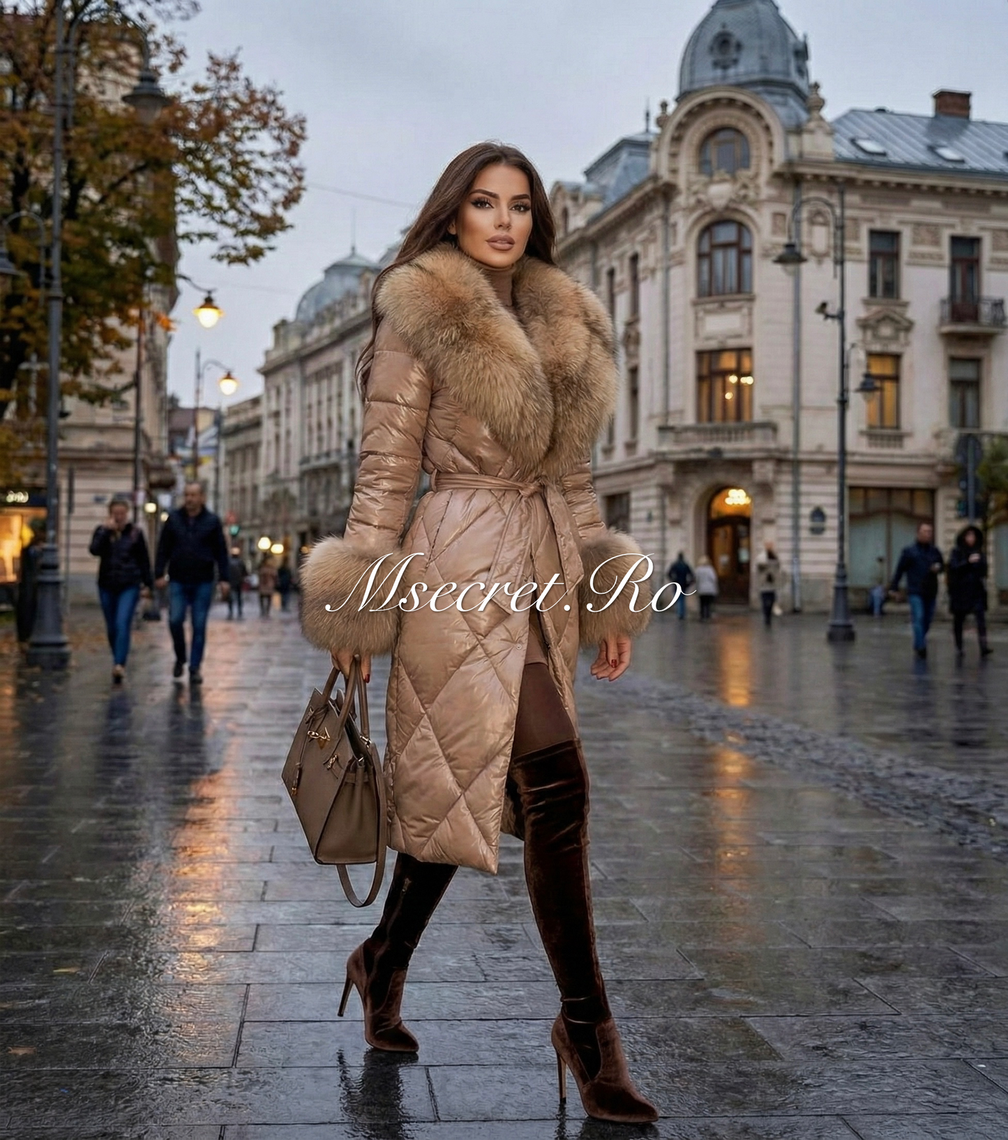 Beige waterproof jacket with natural fur