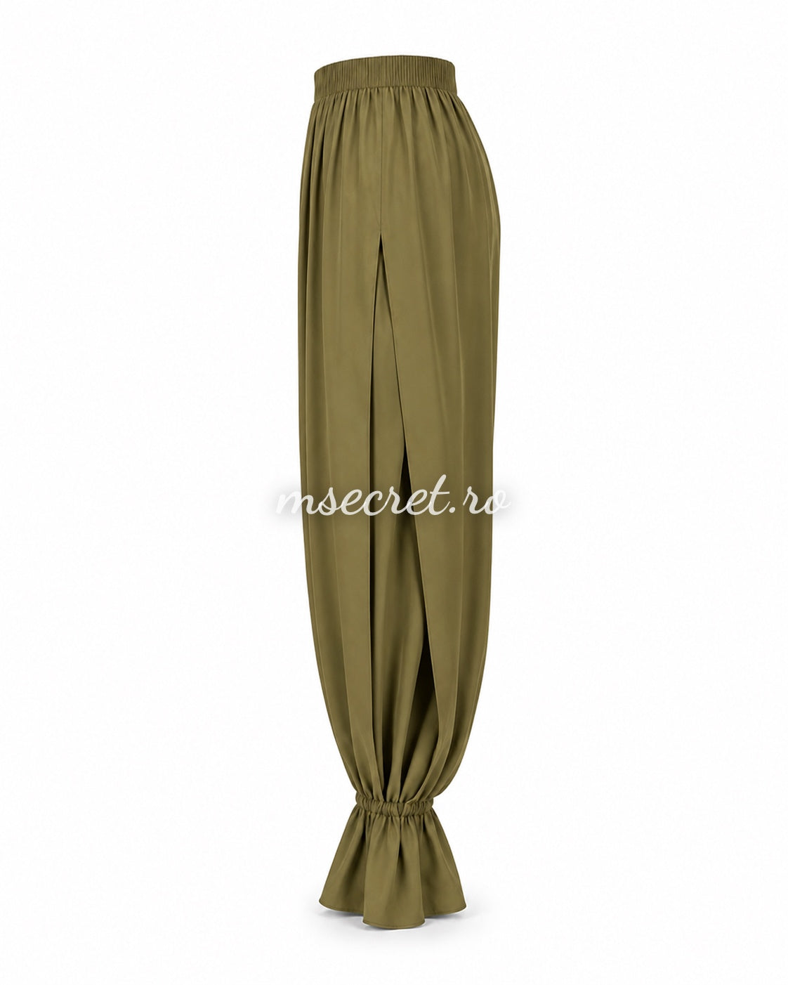Loose mint trousers with elasticated waist and ruffled hems